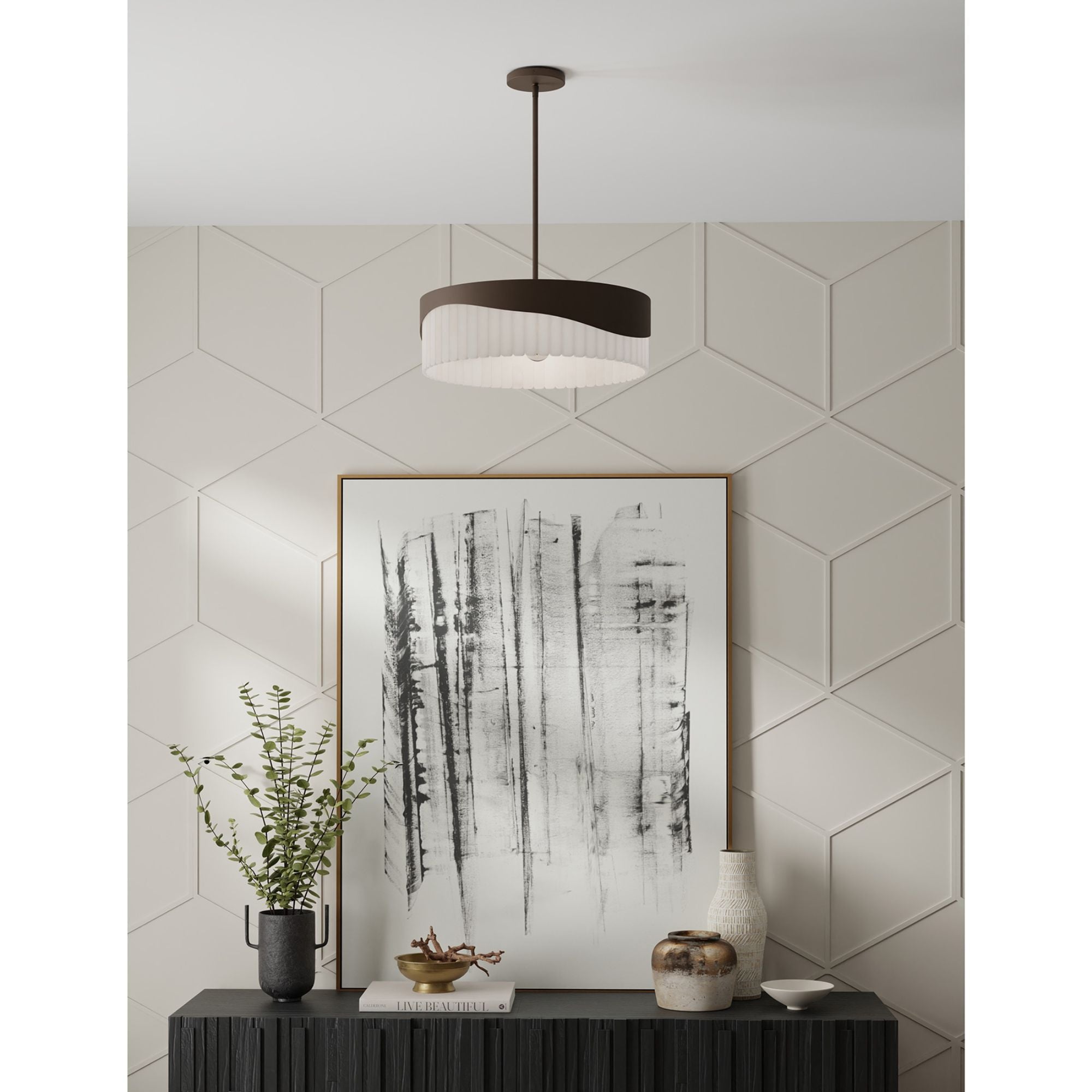 Minka-Lavery Sway 20 in. 4-Light Pendant, Dark Bronze with Alabaster Stone Drum Shade