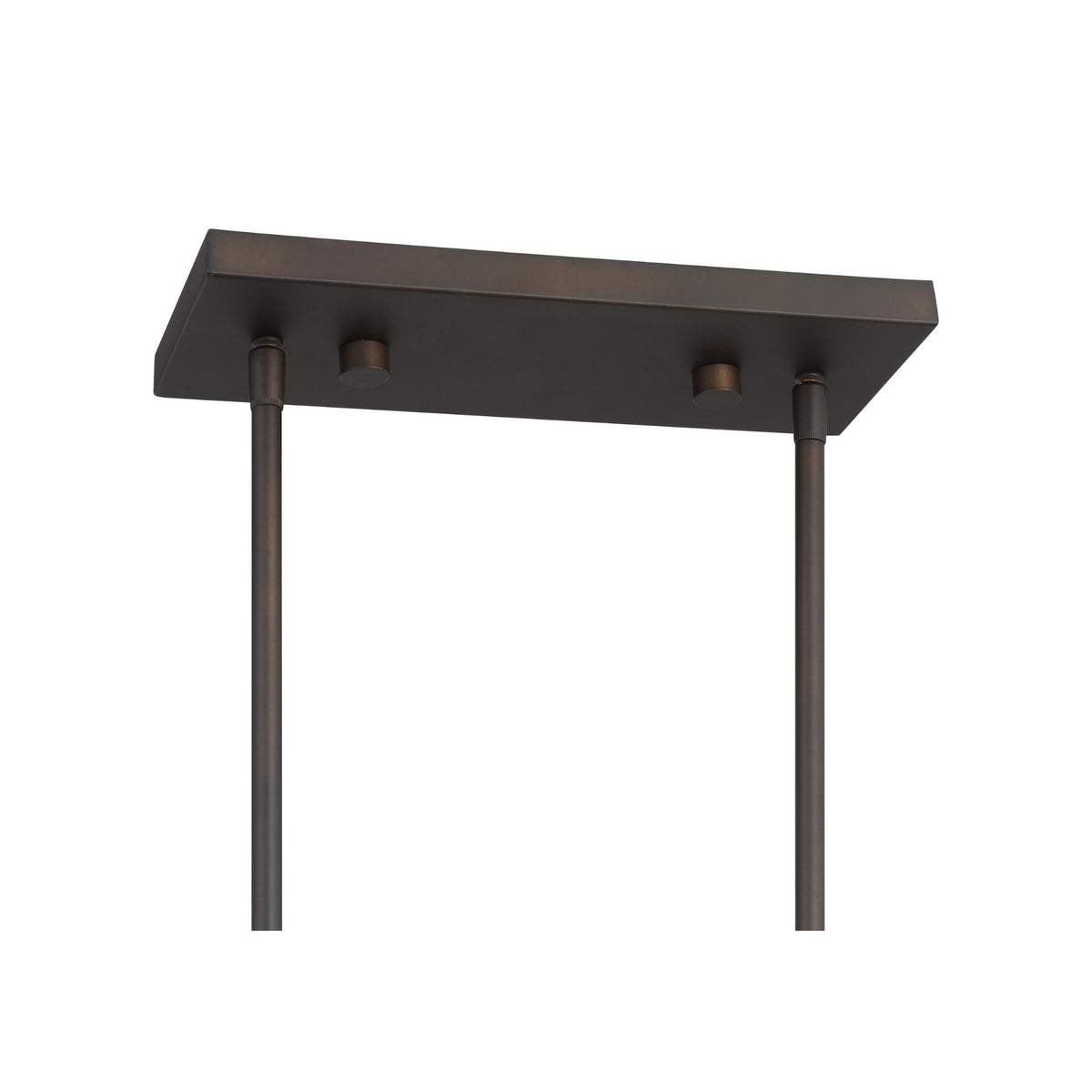 Dark bronze ceiling plate of island pendant with multiple bulb sockets and two rods