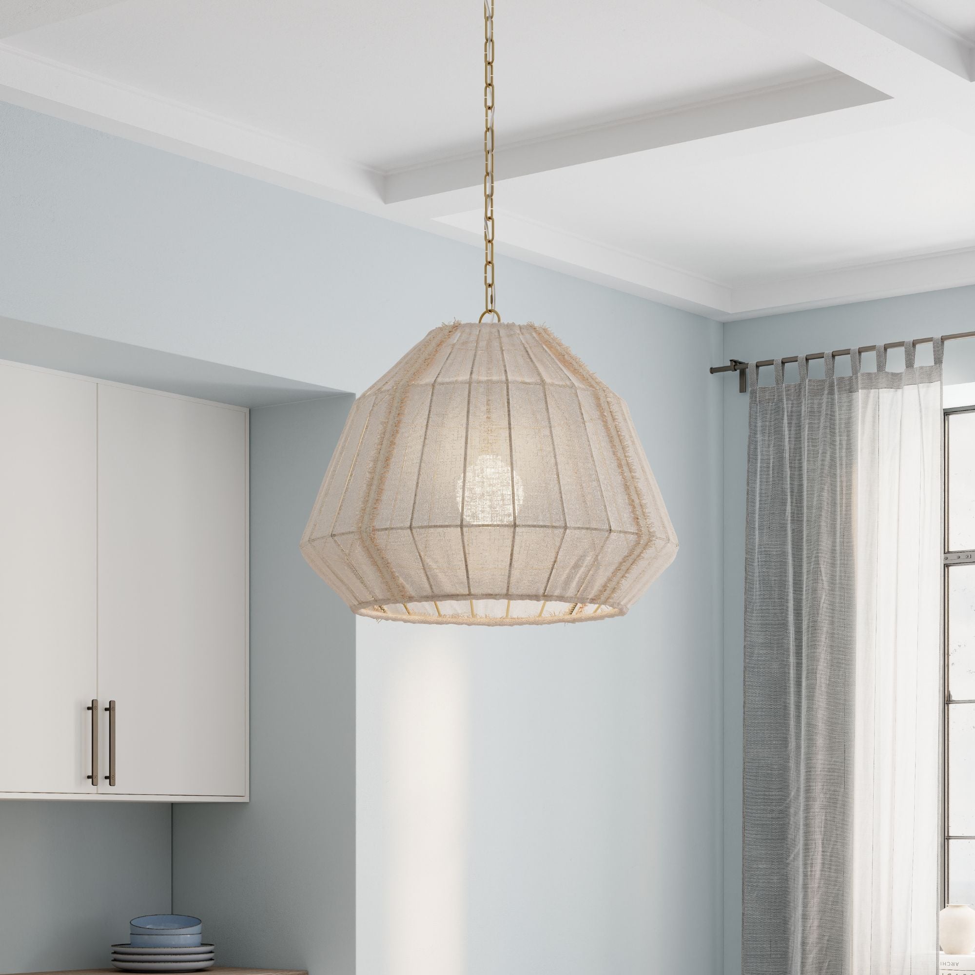 Minka-Lavery Velune 28 in. Pendant Light, Legacy Brass with Textured Linen Shade