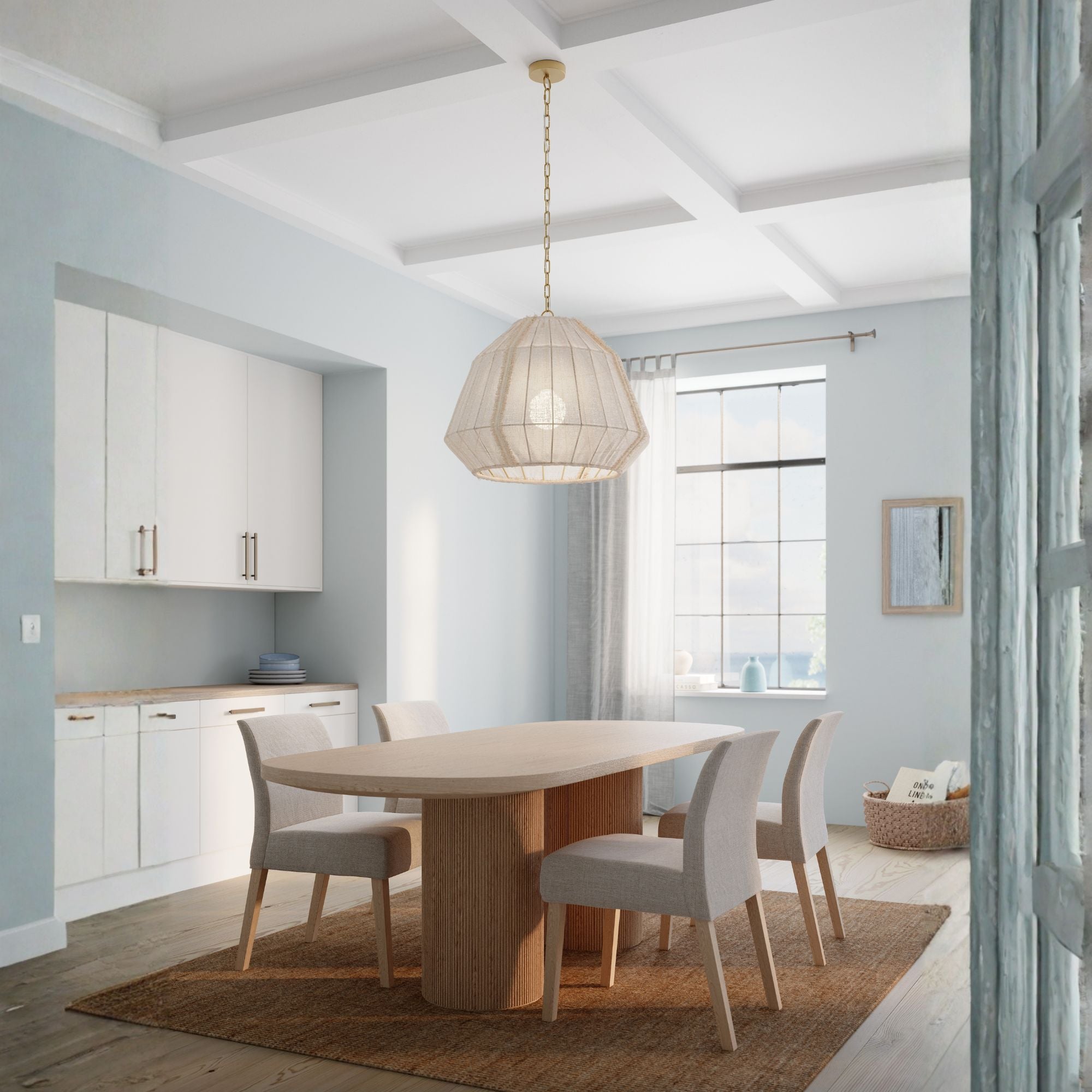Minka-Lavery Velune 28 in. Pendant Light, Legacy Brass with Textured Linen Shade