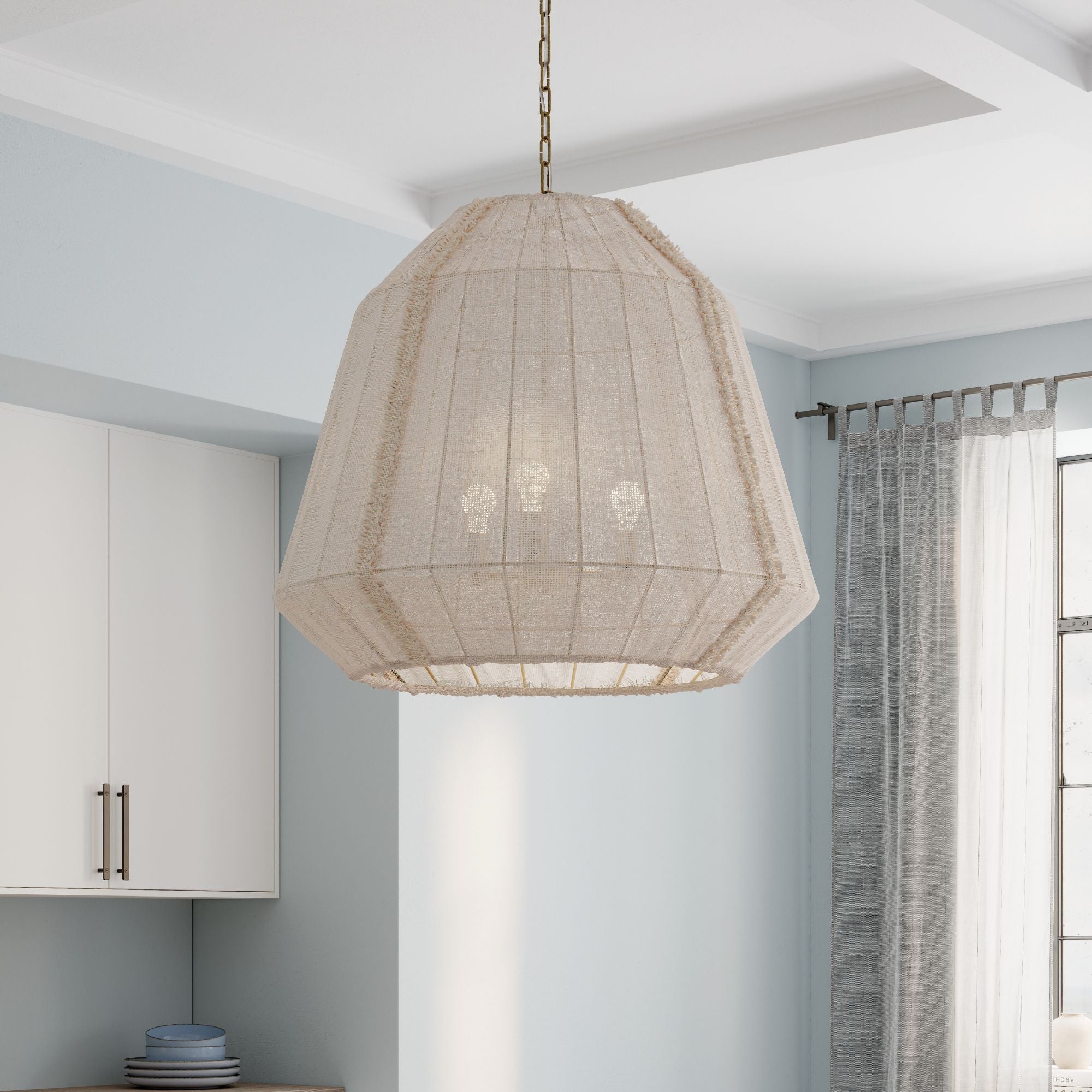 Minka-Lavery Velune 36 in. 3-Light Pendant, Legacy Brass with Textured Linen Shade