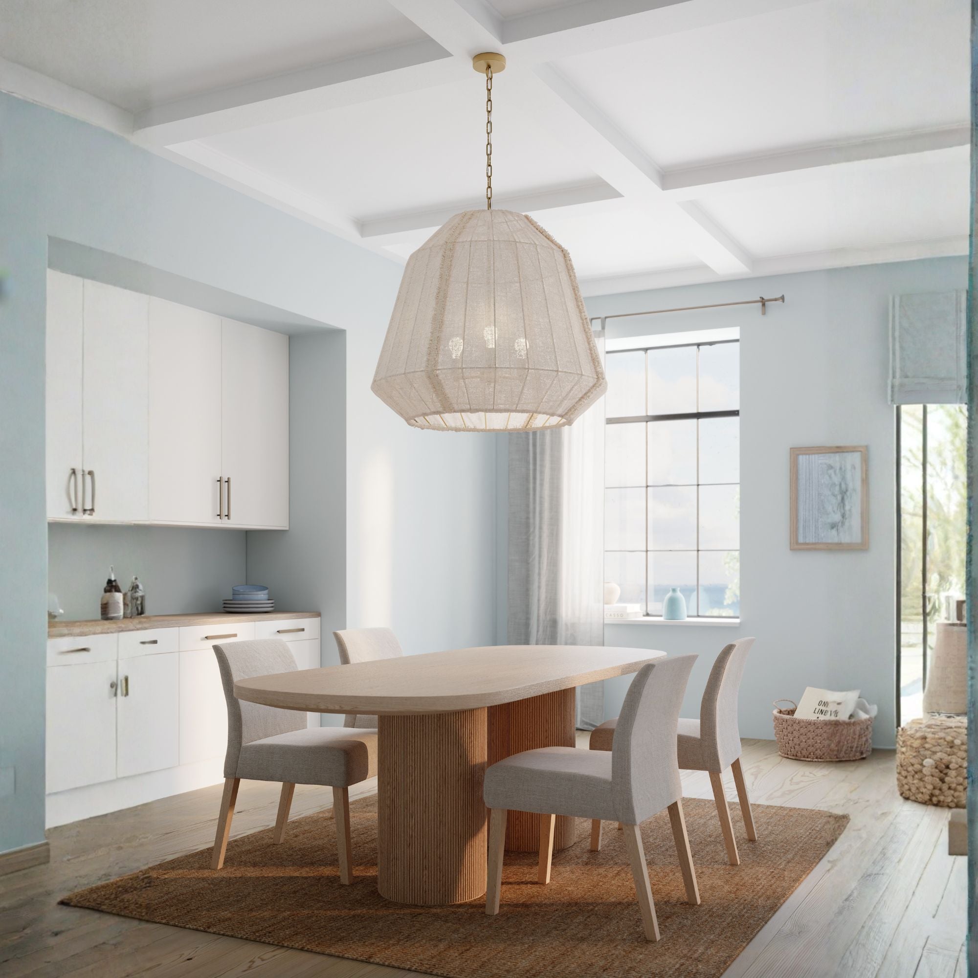 Minka-Lavery Velune 36 in. 3-Light Pendant, Legacy Brass with Textured Linen Shade