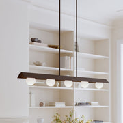 Dark bronze linear chandelier with frosted opal glass globes and three hanging rods