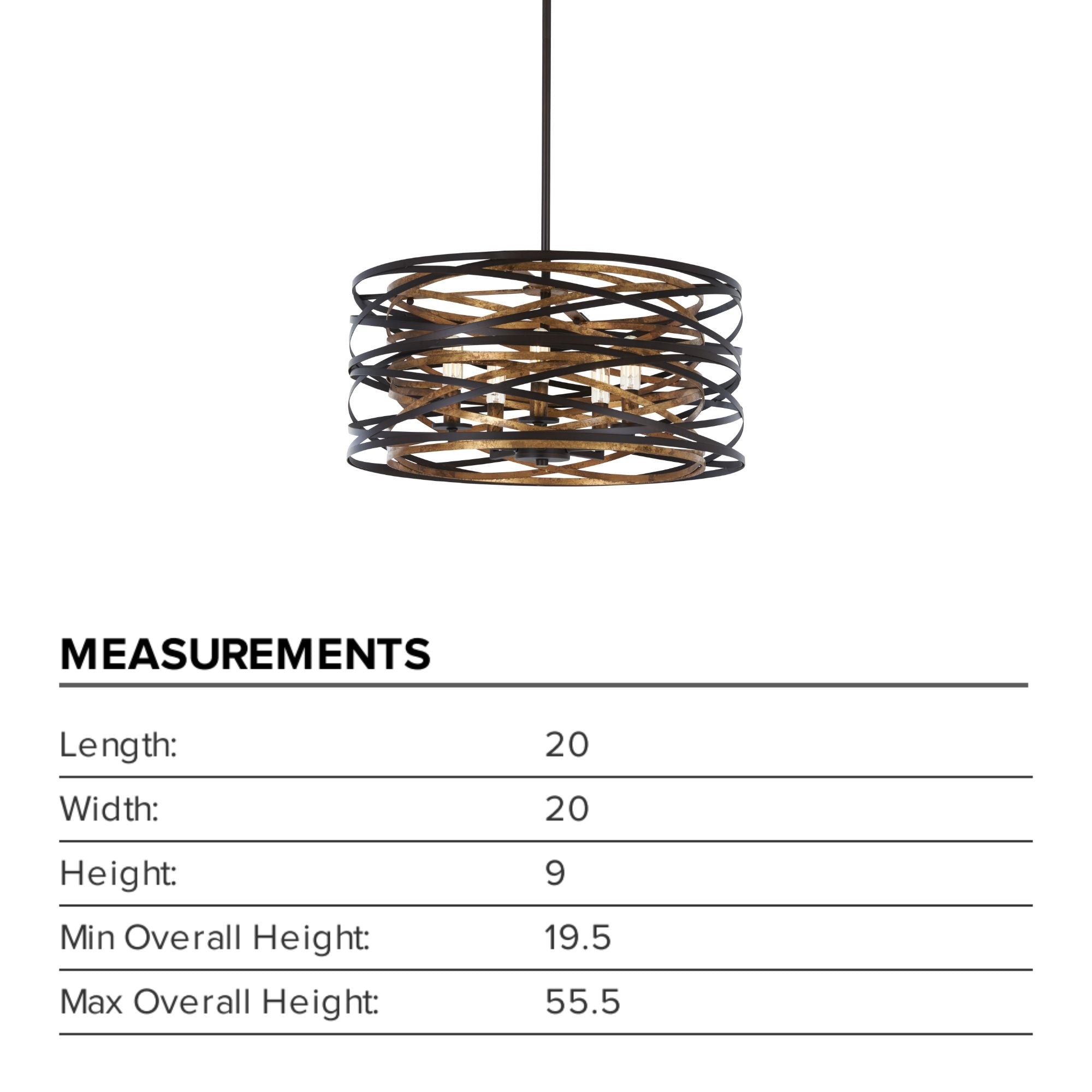 Vortic Flow 20" 5-Light Semi-Flush Mount, Dark Bronze & Mosaic Gold Finish