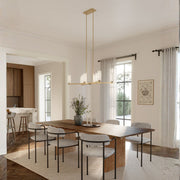 Linear chandelier with brass frame and frosted etched glass cylinder shades over dining