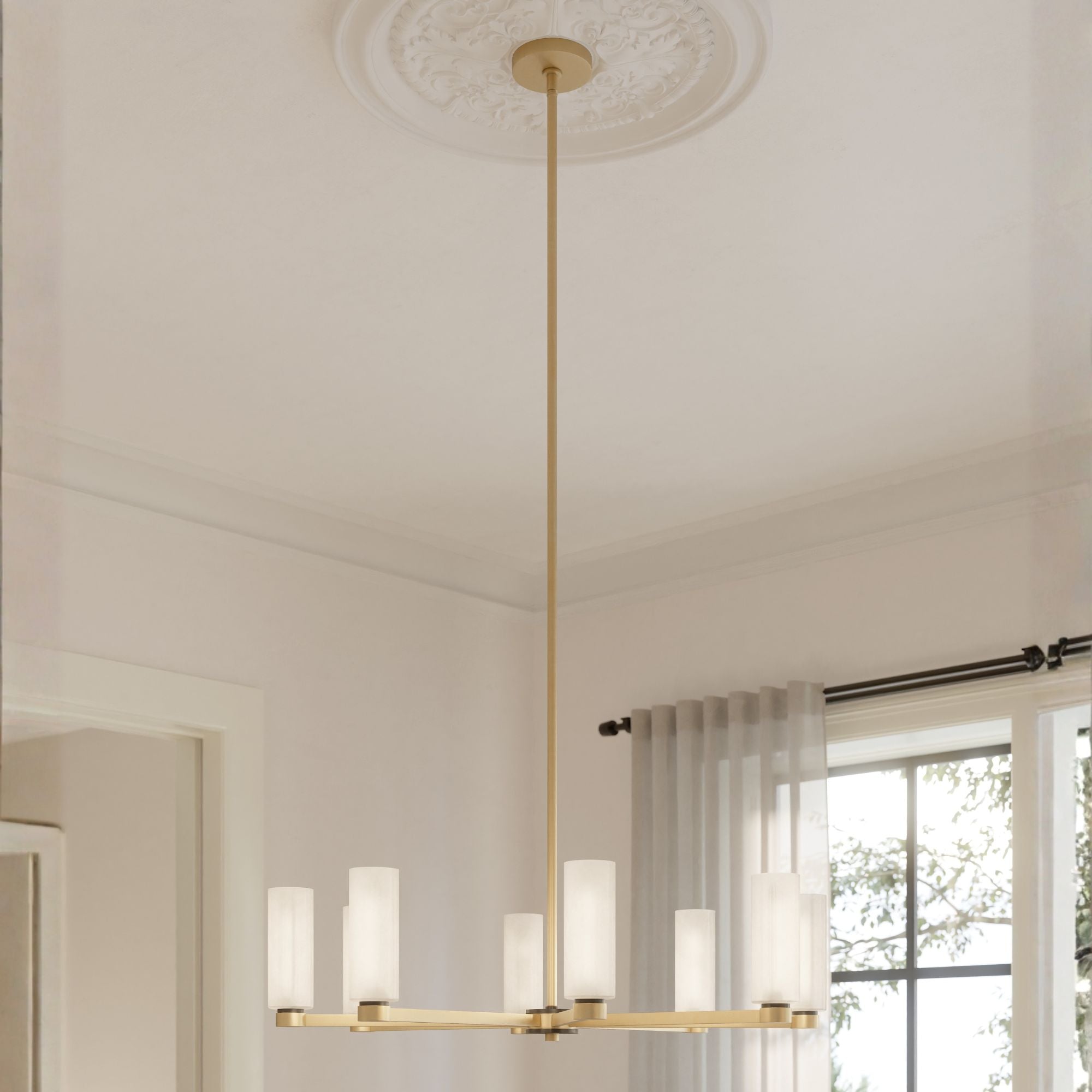 Minka-Lavery Wexmere 35 in. 8-Light Chandelier, Legacy Brass & Dark Matte Black with Etched Alabaster Glass