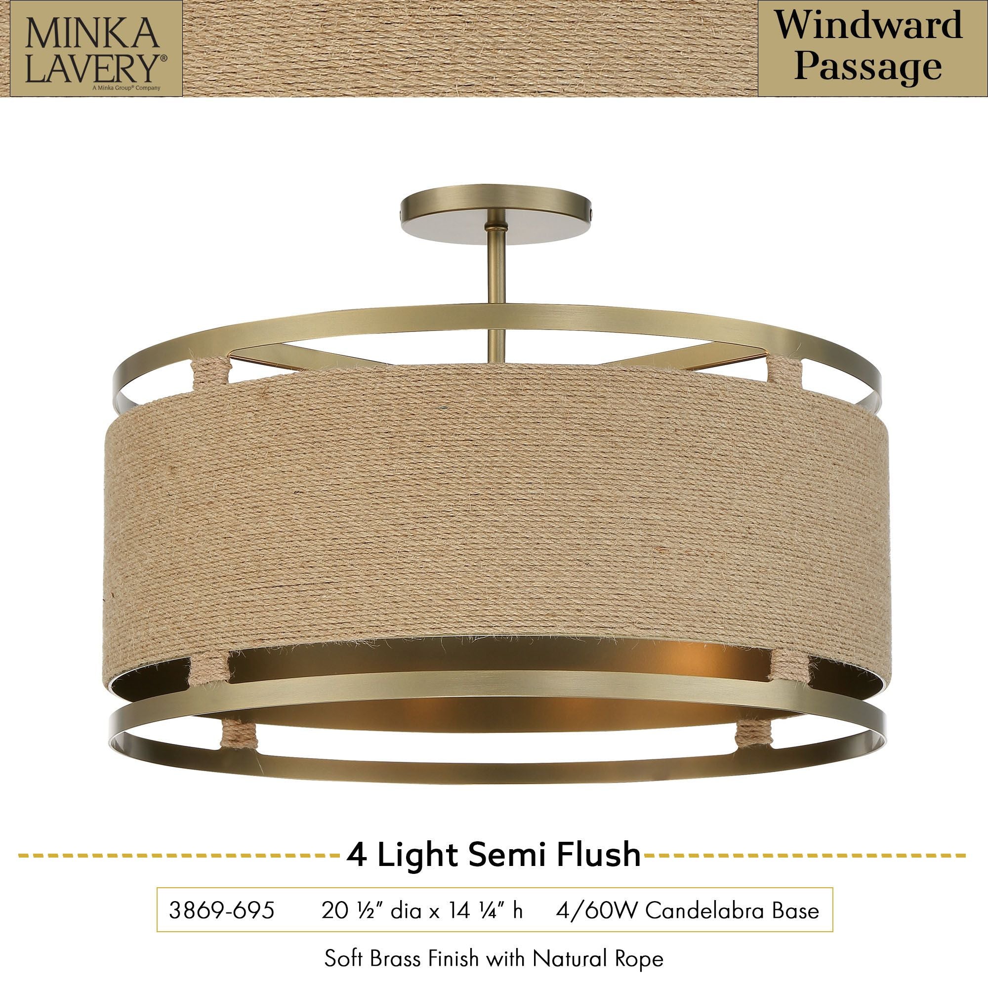 Windward Passage 21" 4-Light Semi-Flush Mount, Soft Brass Finish