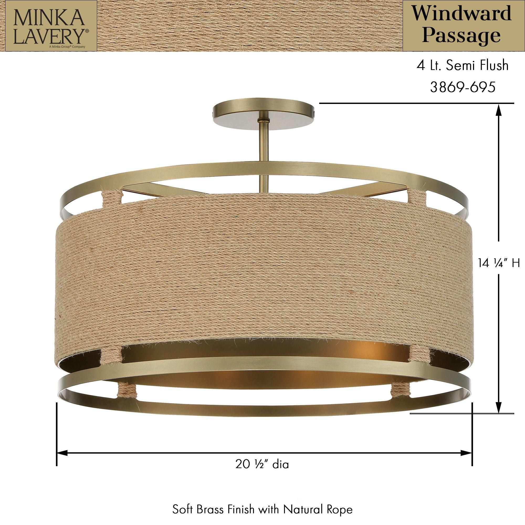 Windward Passage 21" 4-Light Semi-Flush Mount, Soft Brass Finish