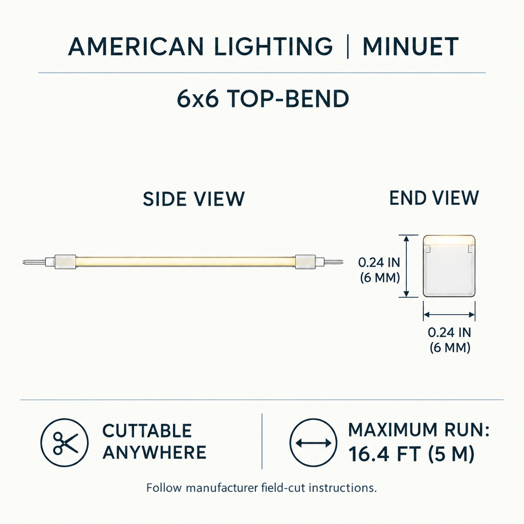Minuet 6x6 dimensions graphic with cut and maximum run specs