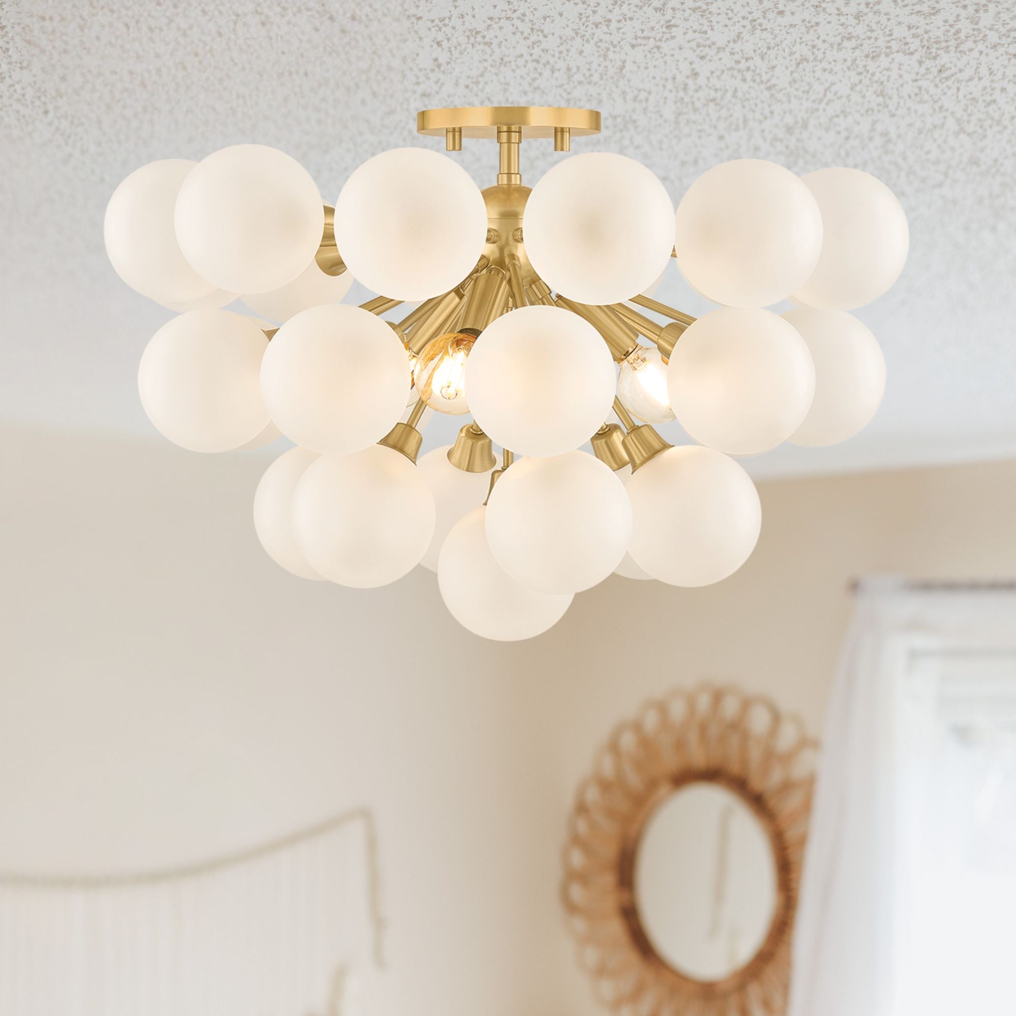 Mitzi Antoneta 13.25 in. 3-Light Semi-Flush Mount, Aged Brass with Clear Etched Glass Globes
