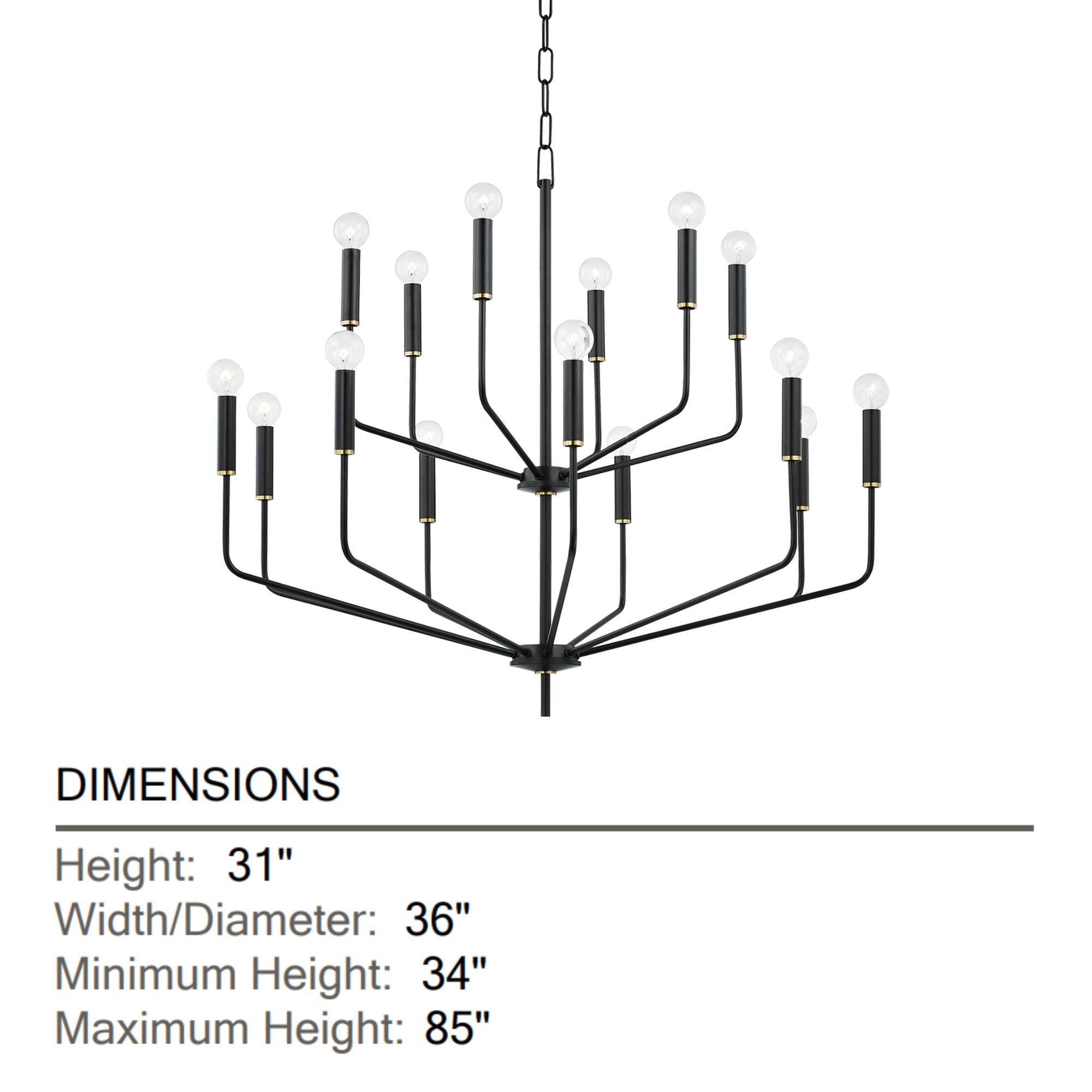 Mitzi - Bailey 36" 15-Light Chandelier, Aged Brass/Soft Black Finish | Bees Lighting