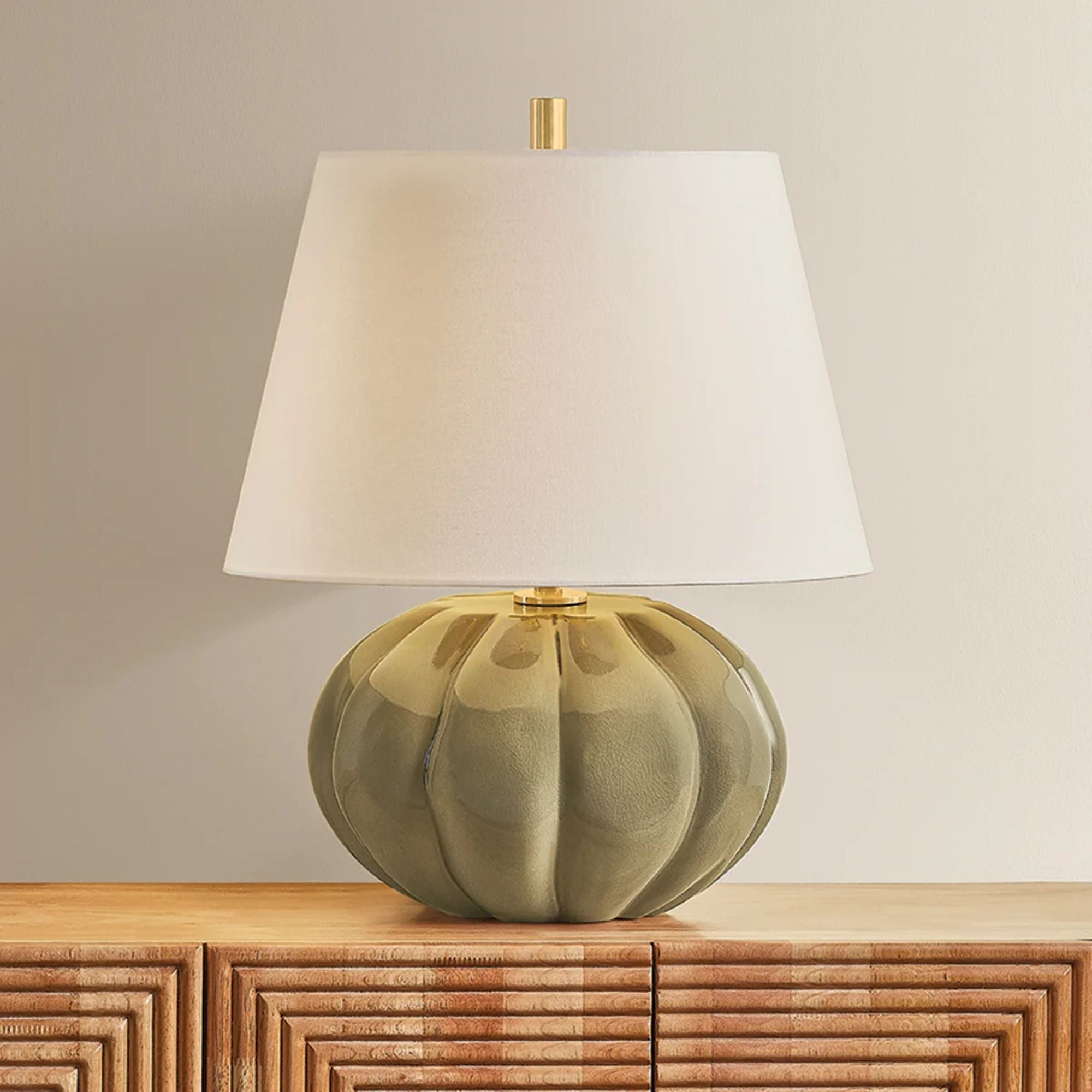 Mitzi Beata 21 in. Table Lamp, Aged Brass with Ceramic Harbour Grey Crackle with White Linen Shade