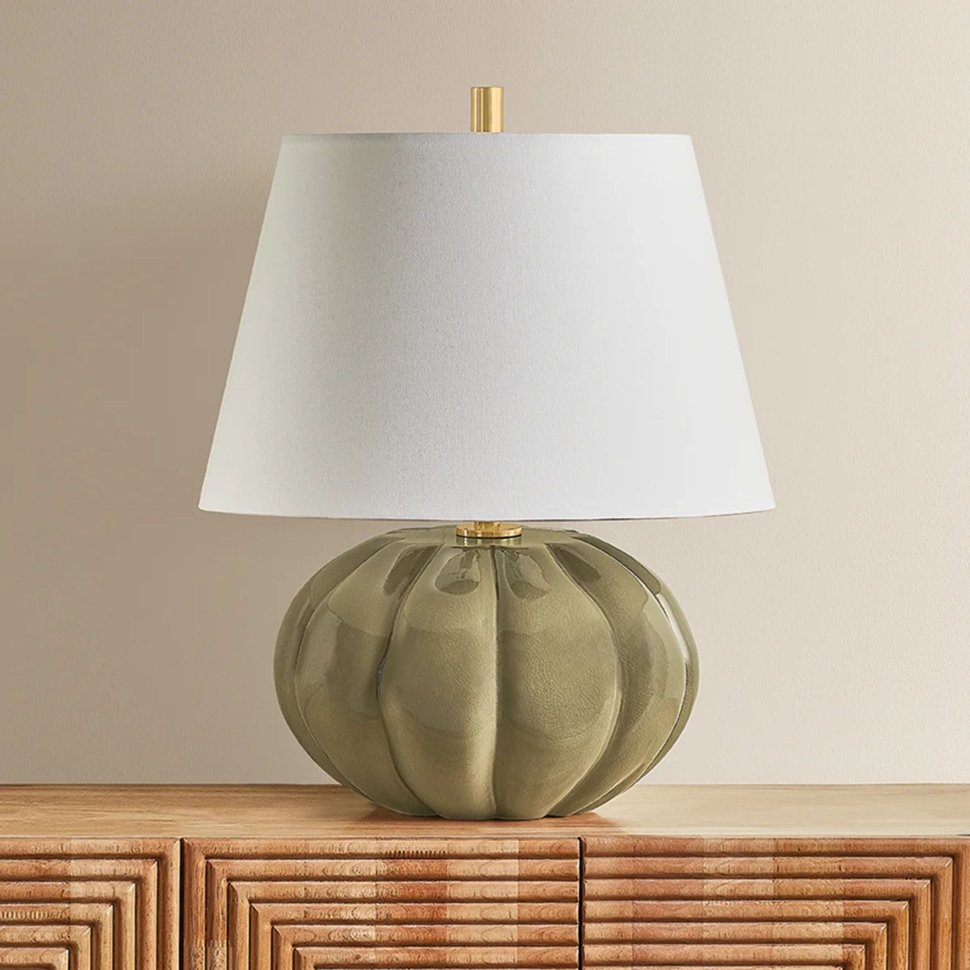 Mitzi Beata 21 in. Table Lamp, Aged Brass with Ceramic Harbour Grey Crackle with White Linen Shade