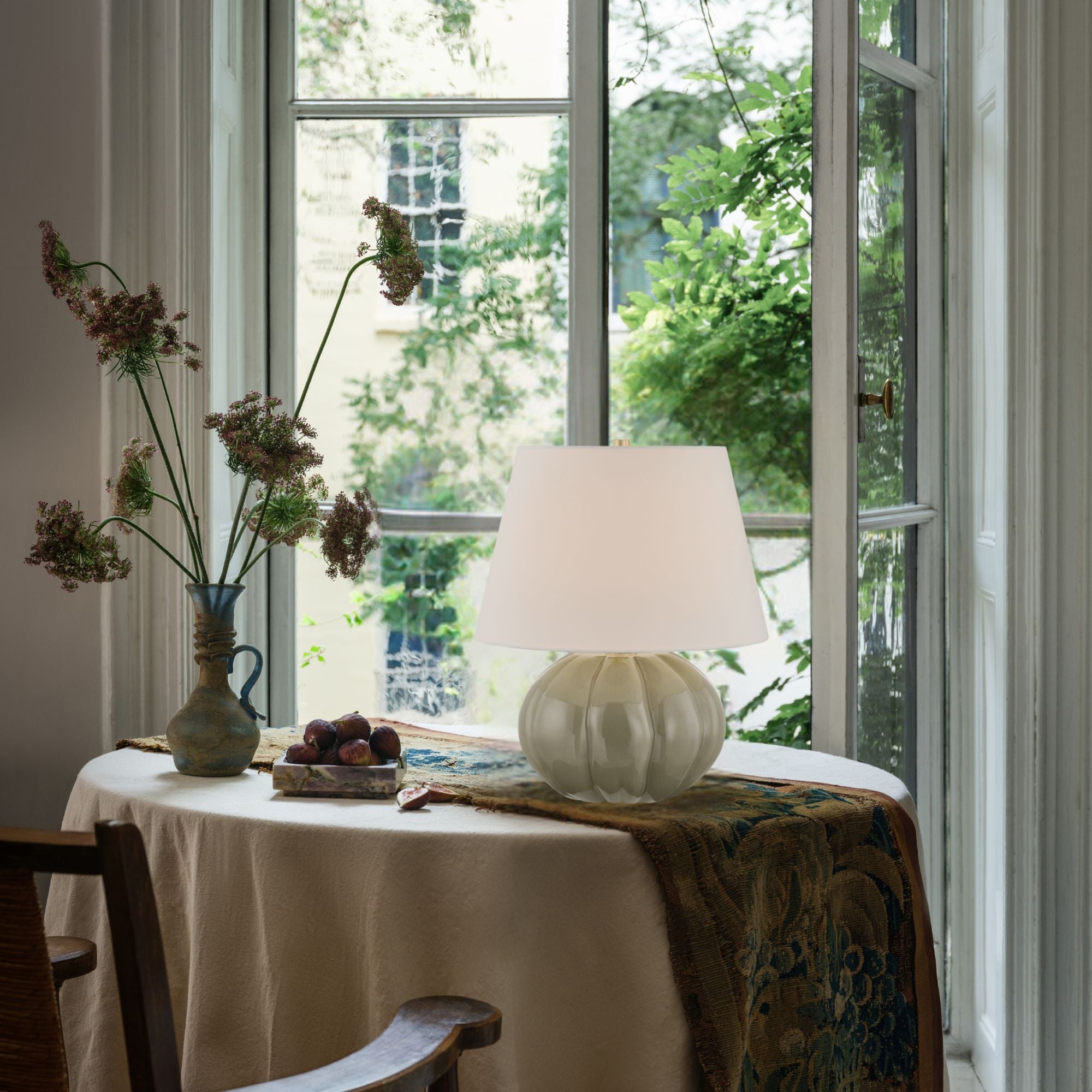 Mitzi Beata 21 in. Table Lamp, Aged Brass with Ceramic Harbour Grey Crackle with White Linen Shade