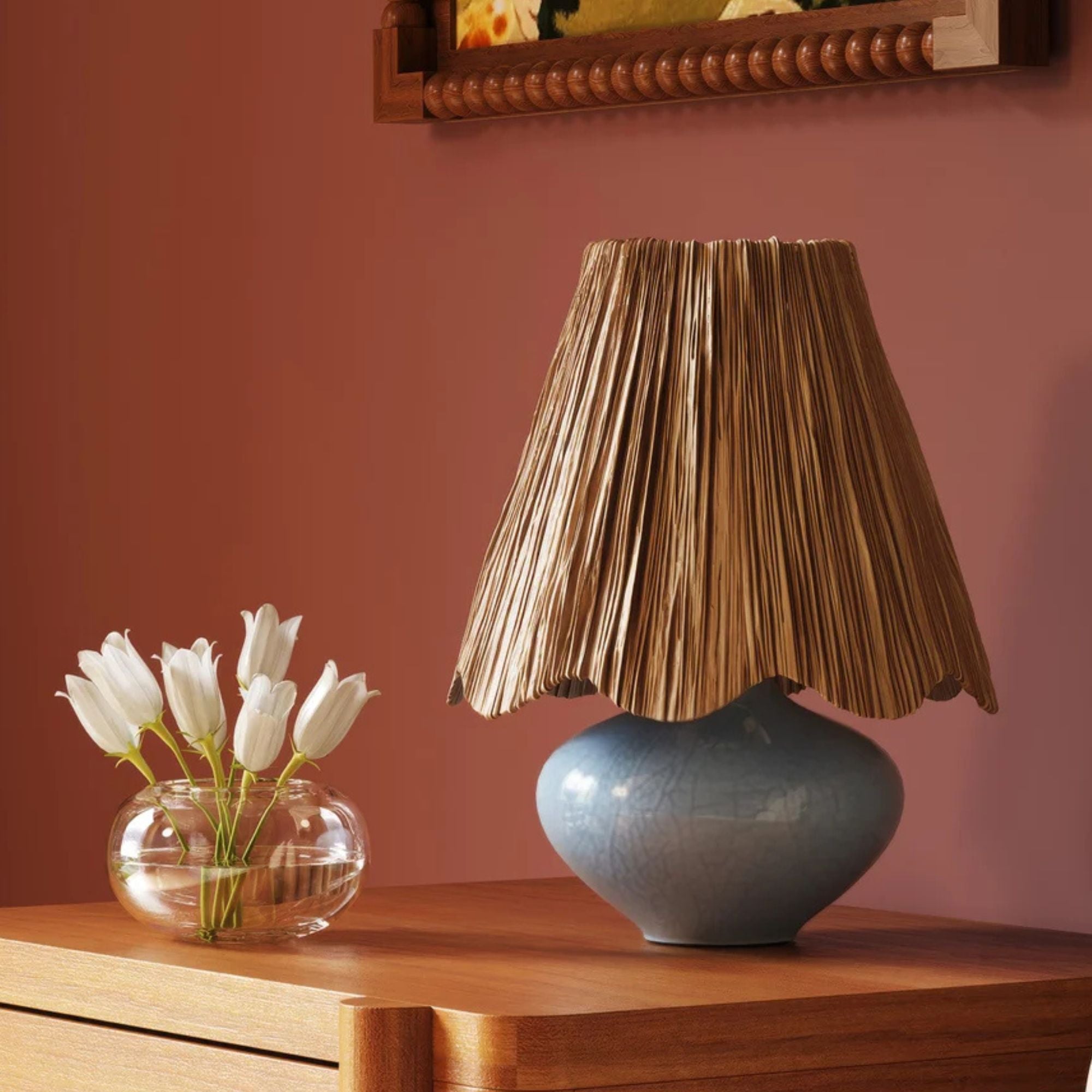 Mitzi Cailyn 12.5 in. Table Lamp, Aged Brass & Ceramic Frost Crackle with Natural Raffia Shade