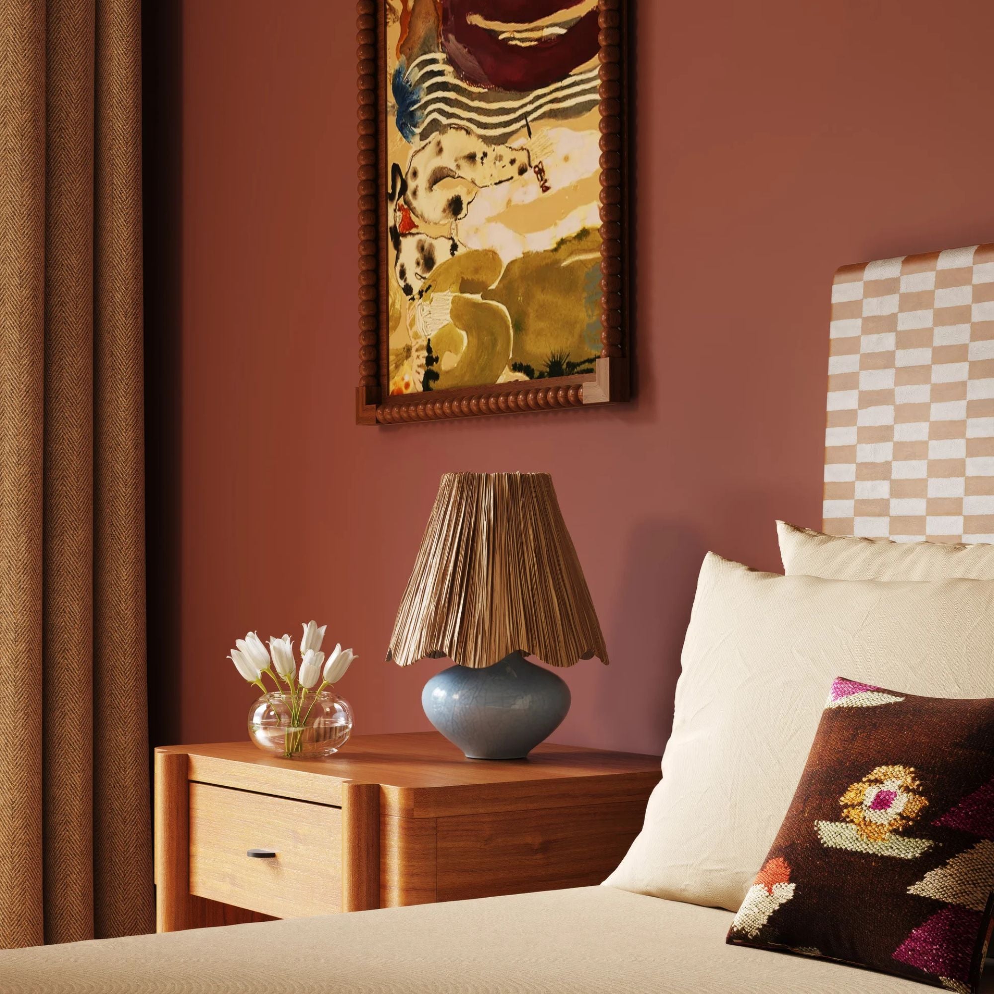 Mitzi Cailyn 12.5 in. Table Lamp, Aged Brass & Ceramic Frost Crackle with Natural Raffia Shade