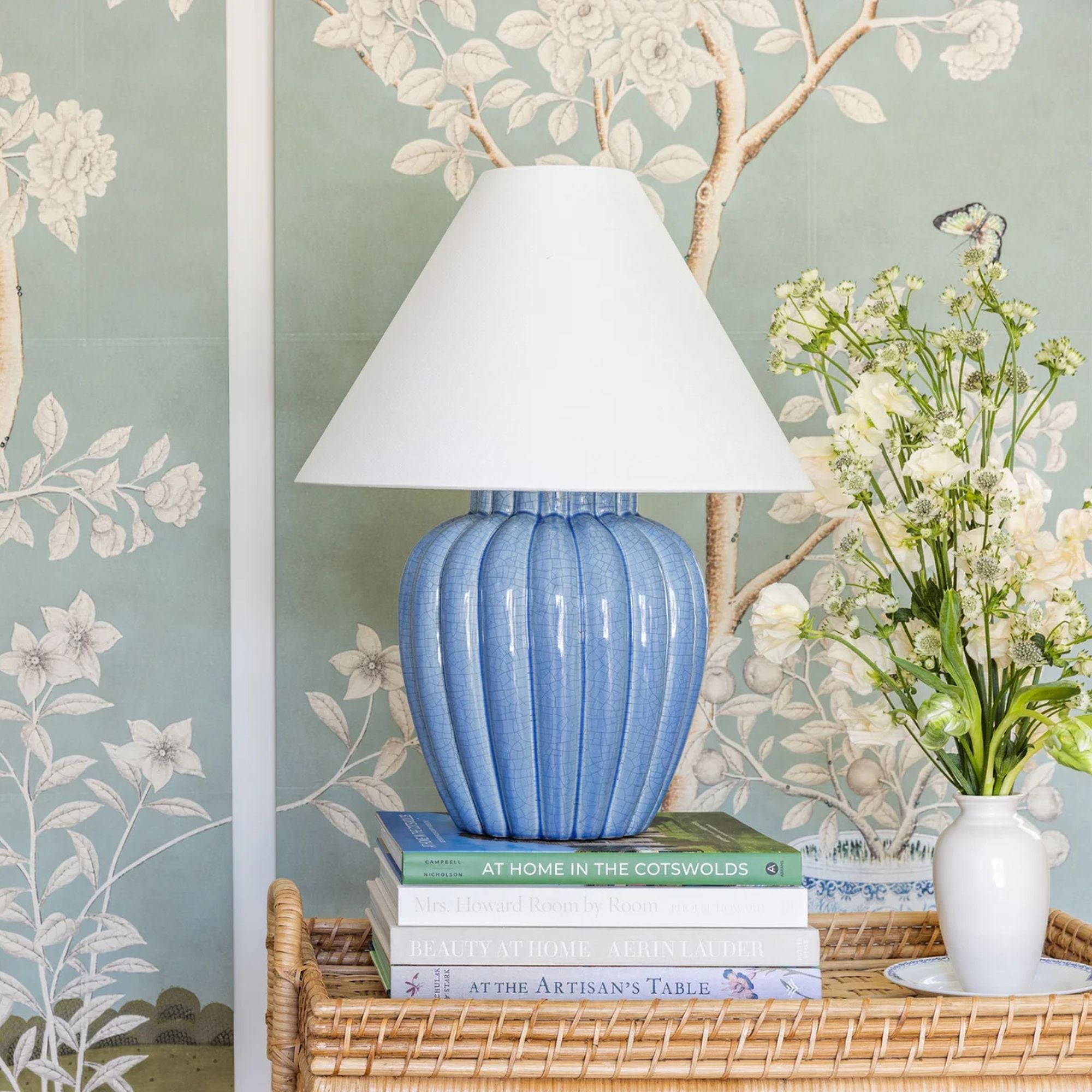 Clarendon 20" Table Lamp, Aged Brass/Ceramic Soft Arctic Blue Finish