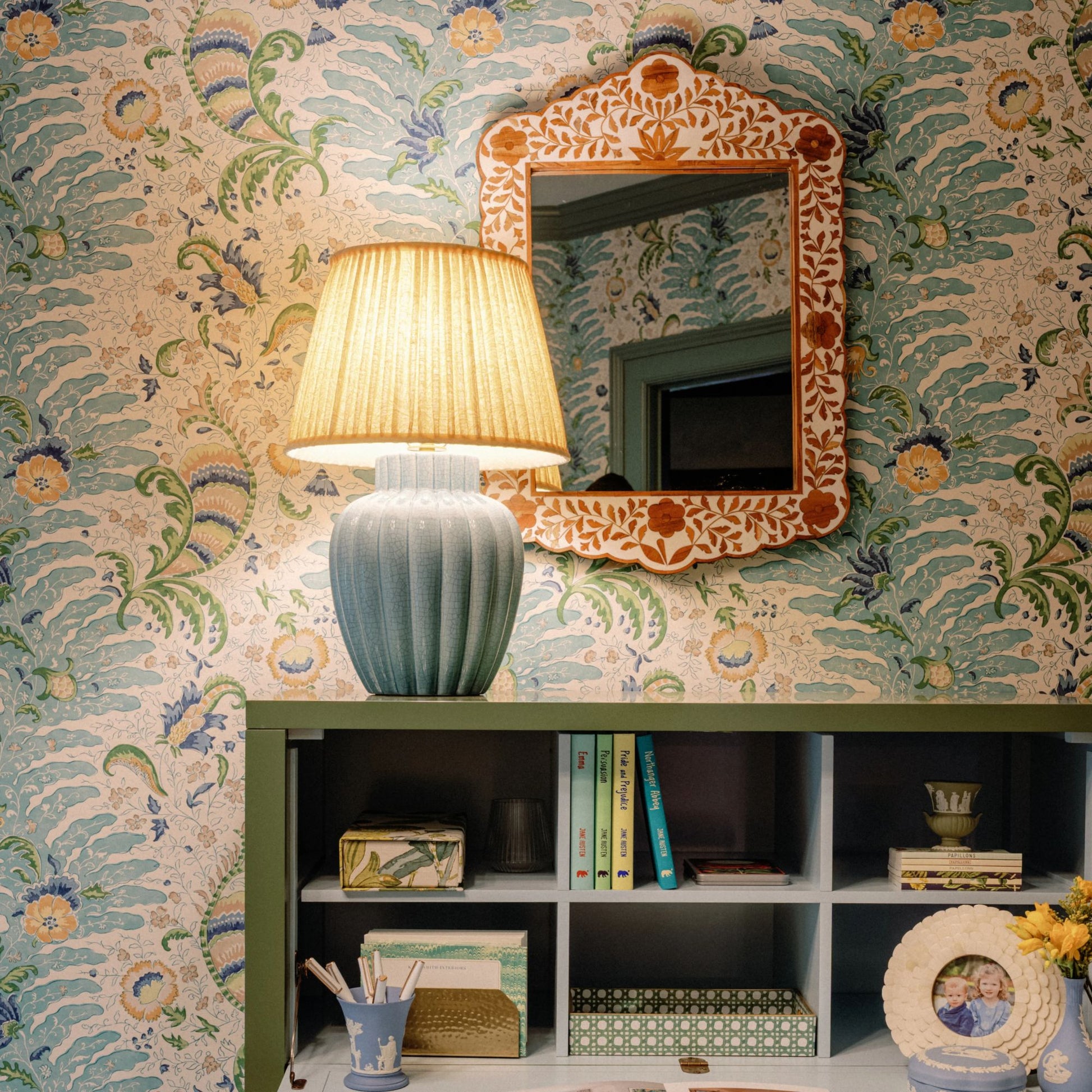 Mitzi - Clarendon 20" Table Lamp, Aged Brass/Ceramic Soft Arctic Blue Finish | Bees Lighting