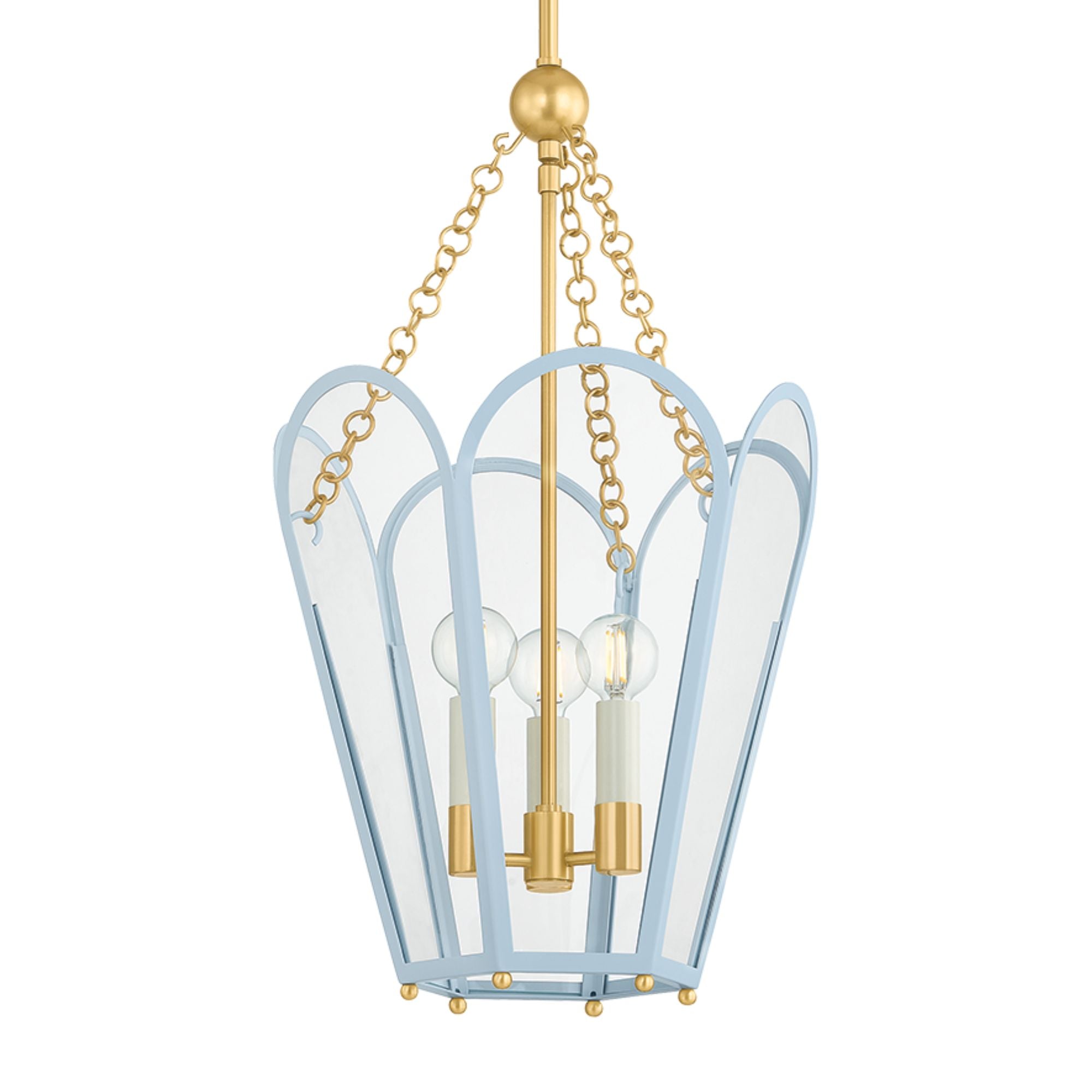 Mitzi Clarisse 22.25 in. 3-Light Pendant, Aged Brass & Soft Arctic Blue with Clear Glass