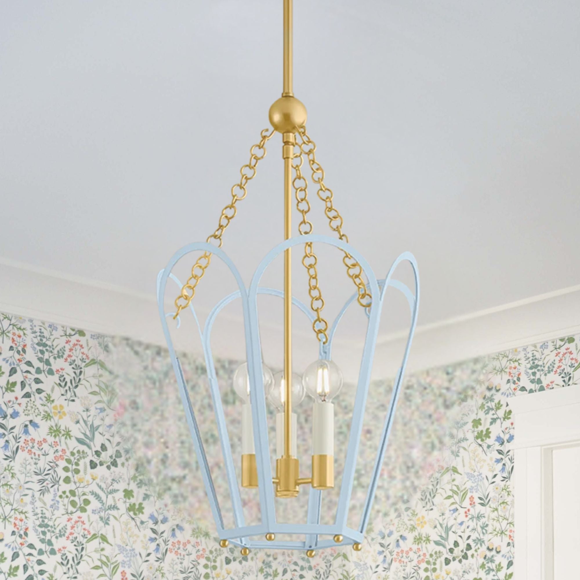 Mitzi Clarisse 22.25 in. 3-Light Pendant, Aged Brass & Soft Arctic Blue with Clear Glass
