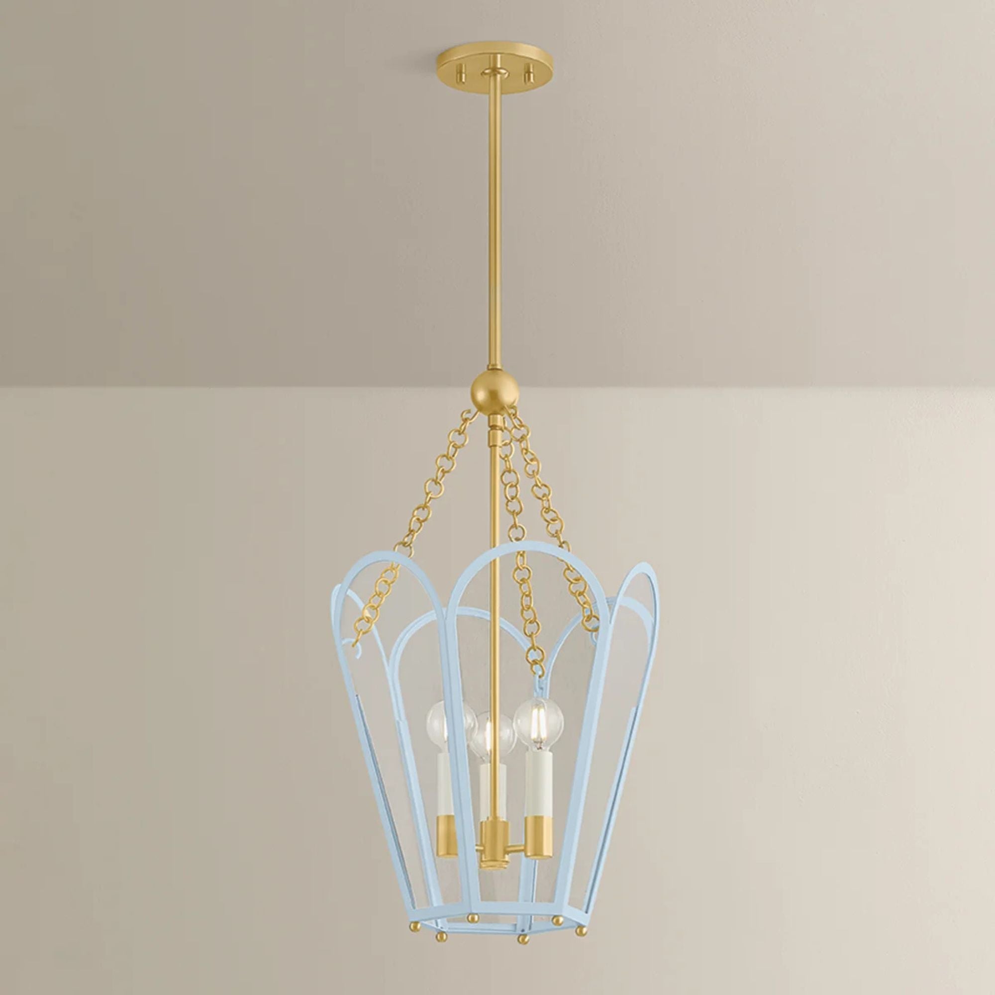 Mitzi Clarisse 22.25 in. 3-Light Pendant, Aged Brass & Soft Arctic Blue with Clear Glass