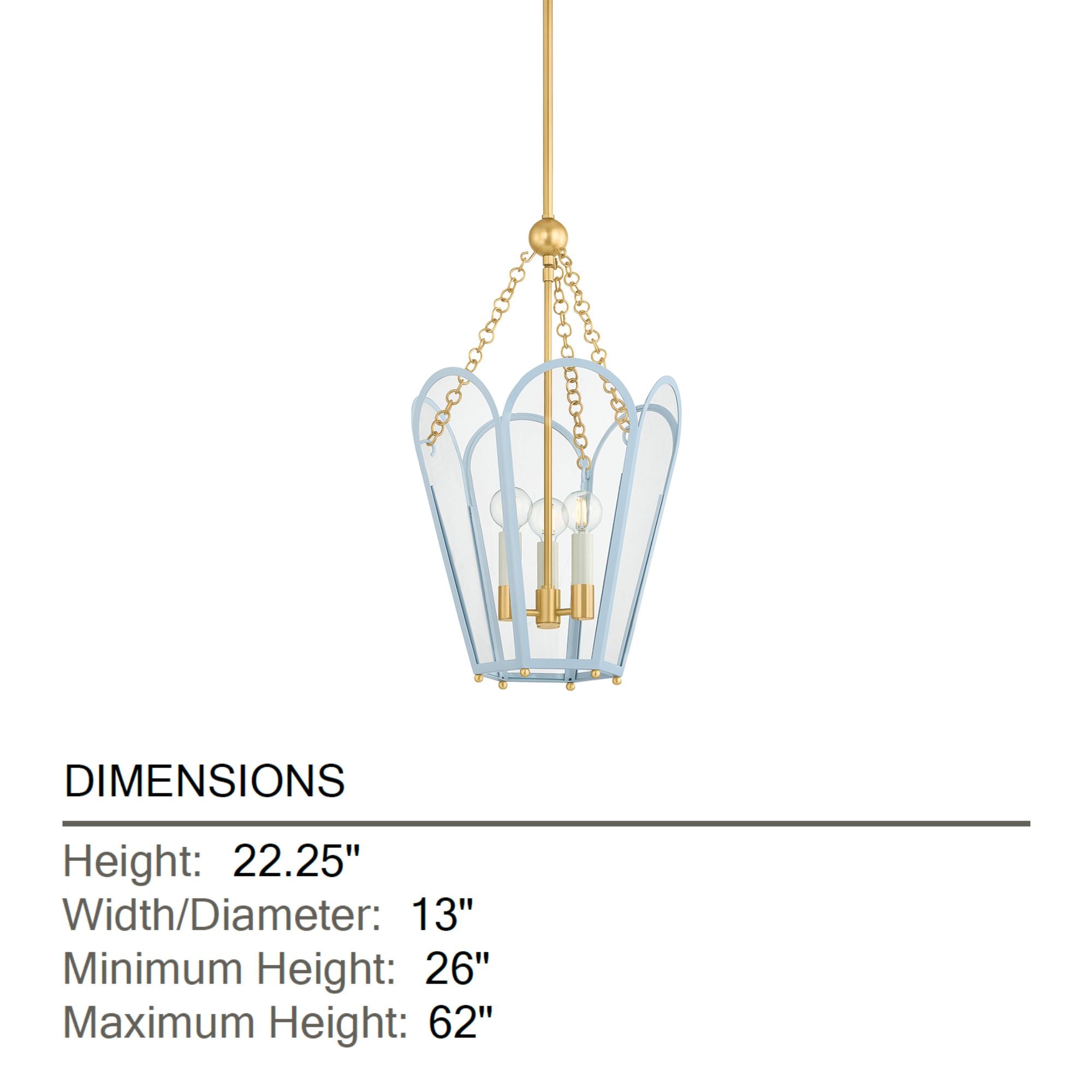 Mitzi Clarisse 22.25 in. 3-Light Pendant, Aged Brass & Soft Arctic Blue with Clear Glass