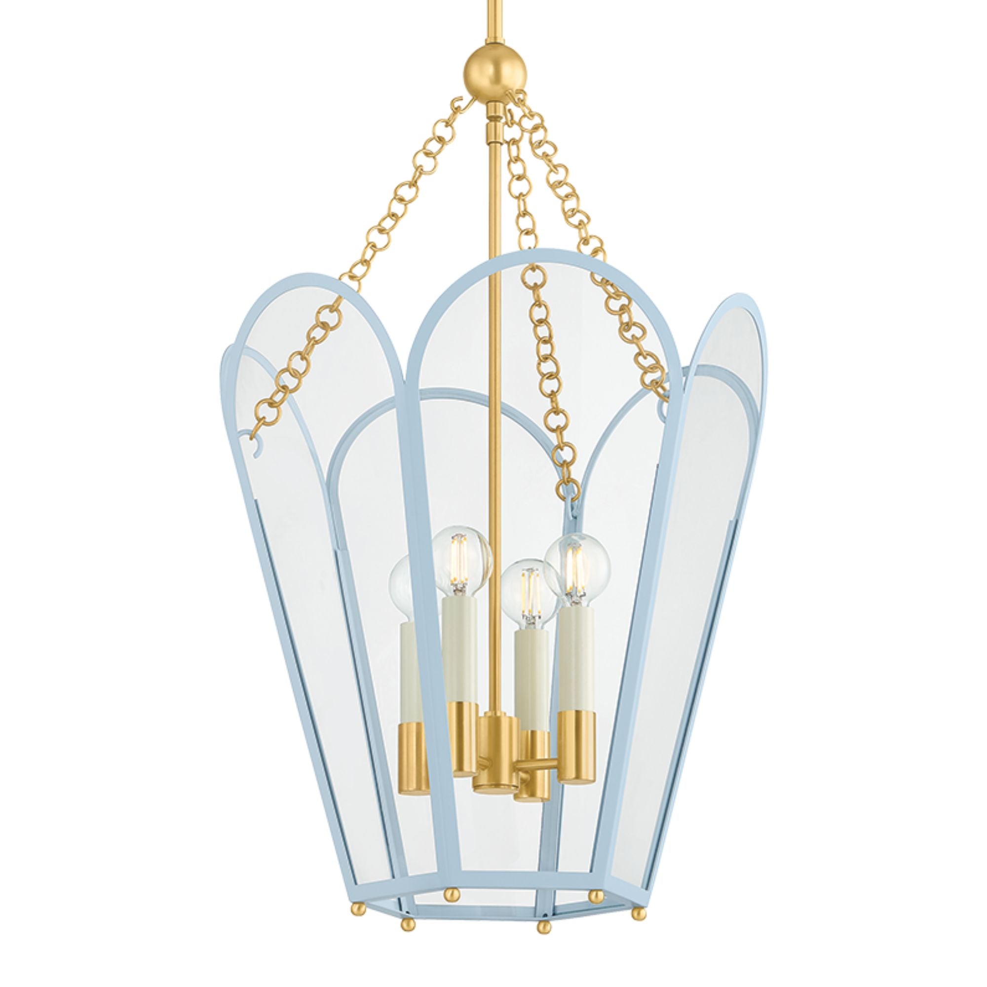 Mitzi Clarisse 26.25 in. 4-Light Pendant, Aged Brass & Soft Arctic Blue with Clear Glass