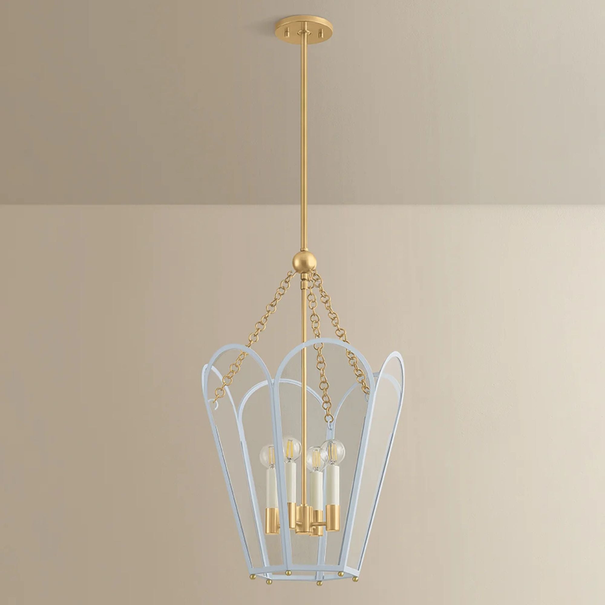 Mitzi Clarisse 26.25 in. 4-Light Pendant, Aged Brass & Soft Arctic Blue with Clear Glass