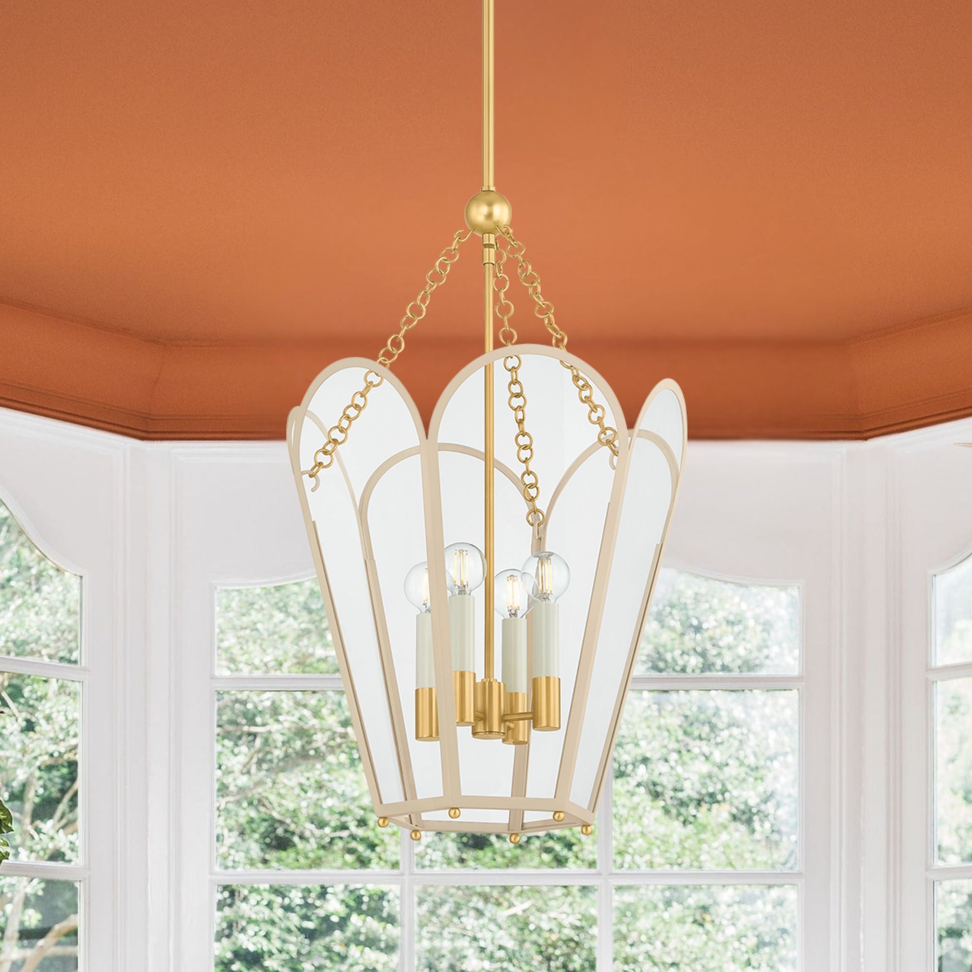 Mitzi Clarisse 26.25 in. 4-Light Pendant, Aged Brass & Soft Bisque with Clear Glass