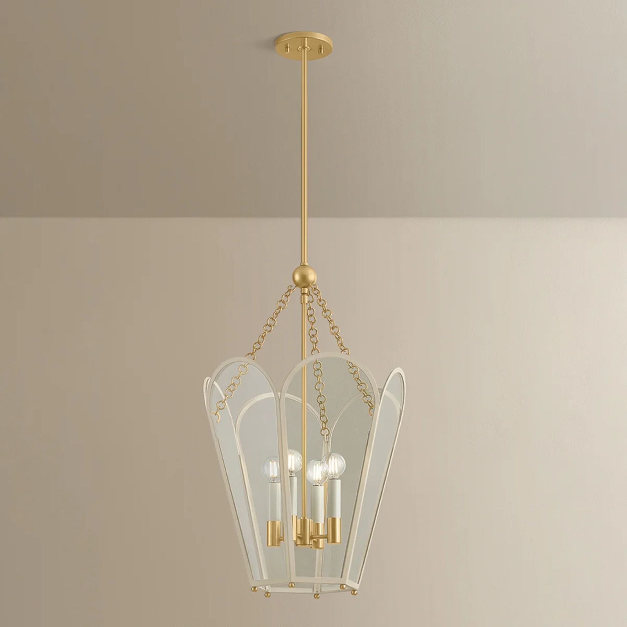 Mitzi Clarisse 26.25 in. 4-Light Pendant, Aged Brass & Soft Bisque with Clear Glass