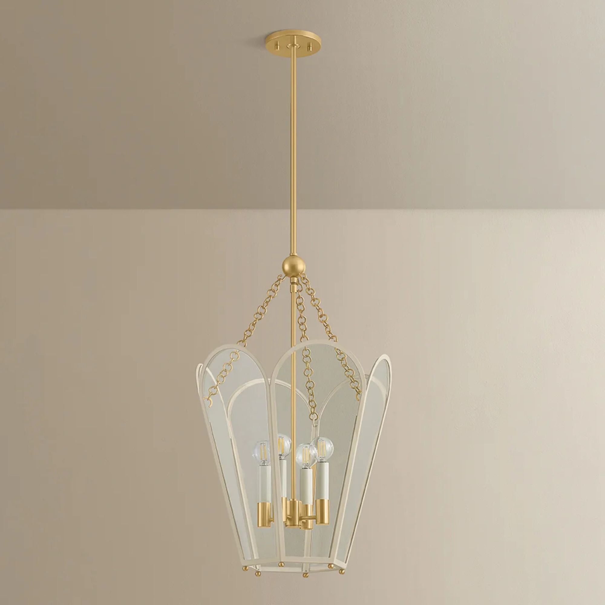 Mitzi Clarisse 26.25 in. 4-Light Pendant, Aged Brass & Soft Bisque with Clear Glass