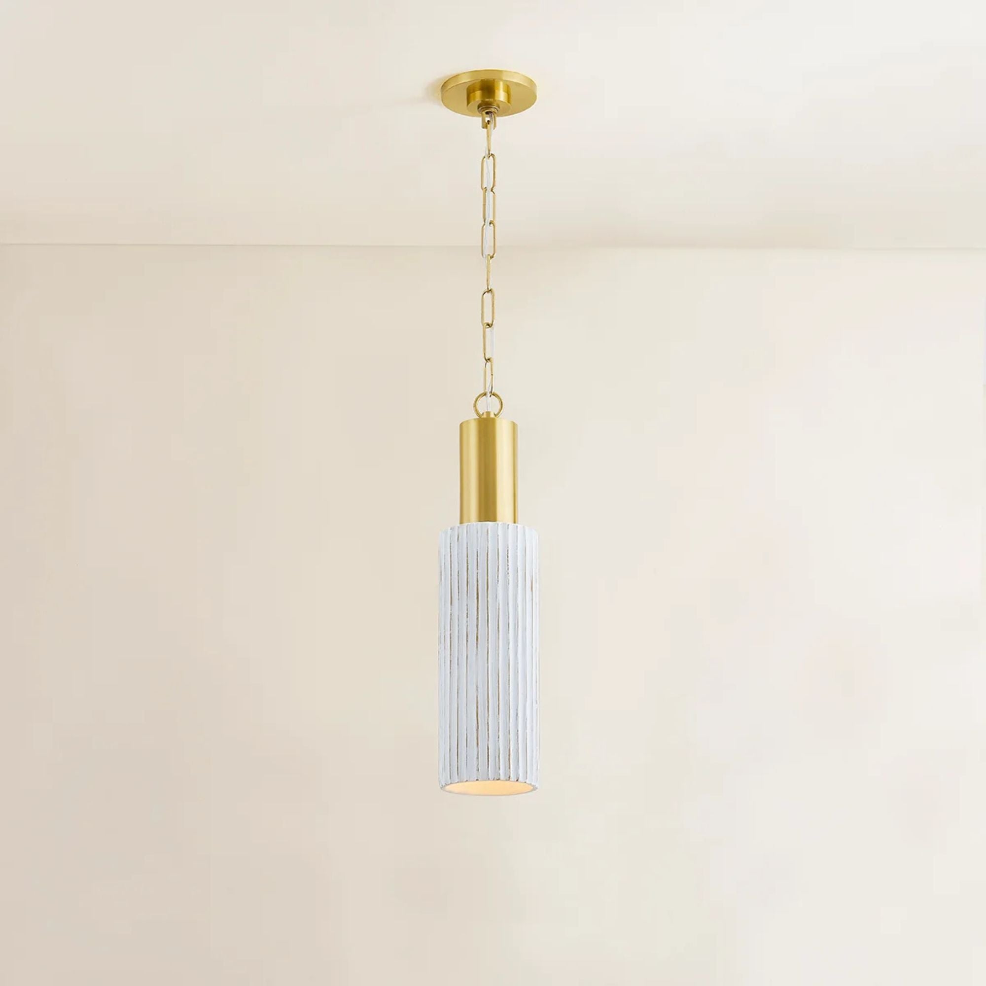 Corissa 32" Pendant, Aged Brass/Ceramic Whitewash Bisque Finish