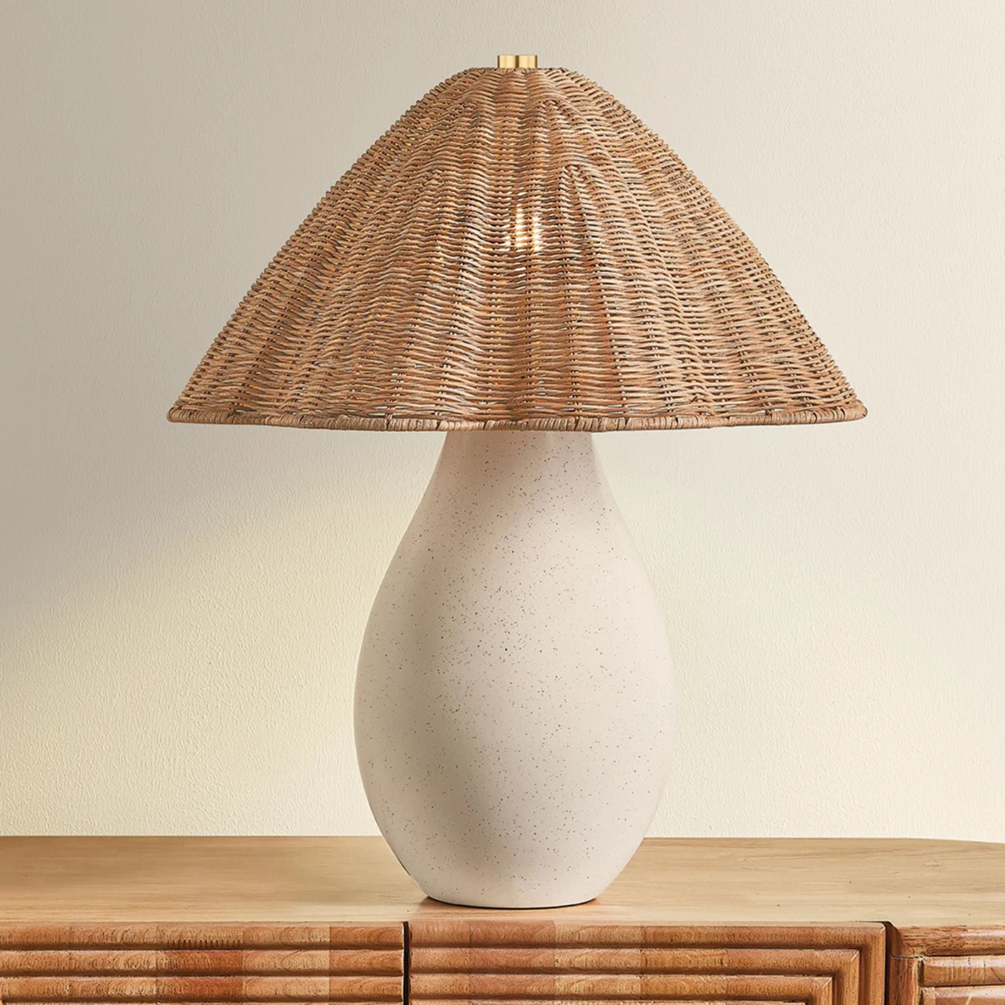 Mitzi Deanne Table Lamp, Aged Brass with Ceramic Creamy Oat & Natural Woven Light Natural Wicker Shade