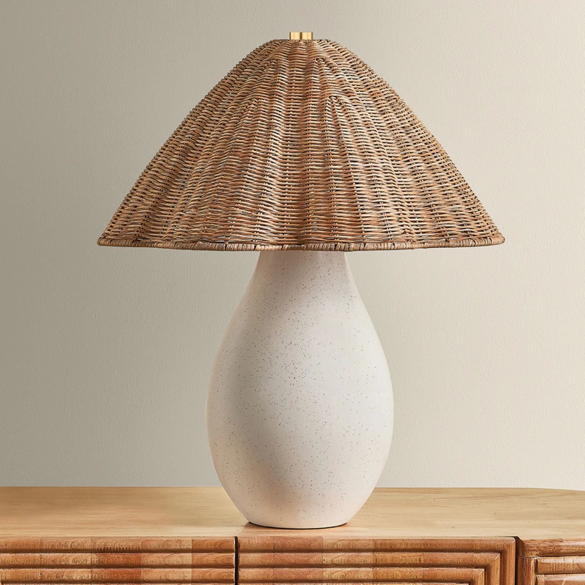 Mitzi Deanne Table Lamp, Aged Brass with Ceramic Creamy Oat & Natural Woven Light Natural Wicker Shade