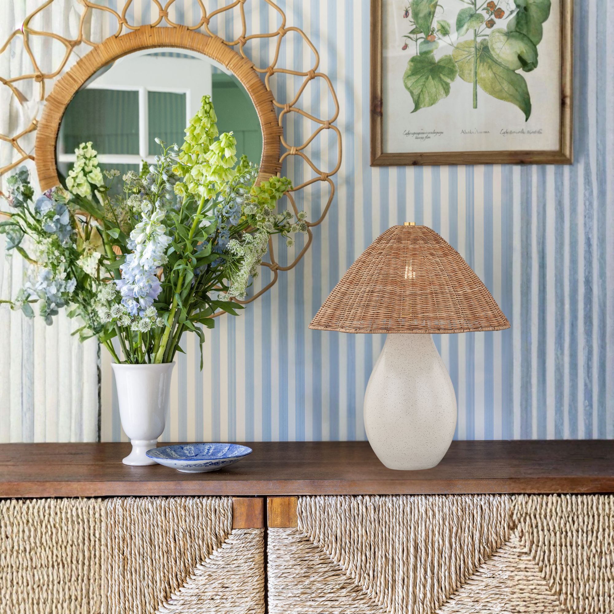 Mitzi Deanne Table Lamp, Aged Brass with Ceramic Creamy Oat & Natural Woven Light Natural Wicker Shade
