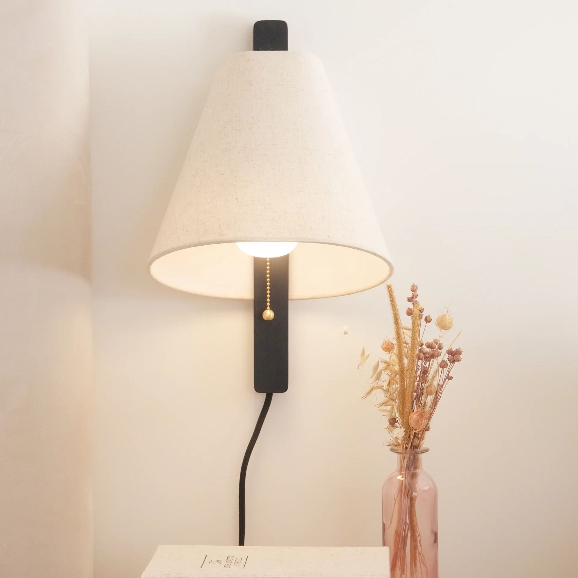 Ellen 16" Plug-in Sconce, Aged Brass/Wood Charred Ash Finish