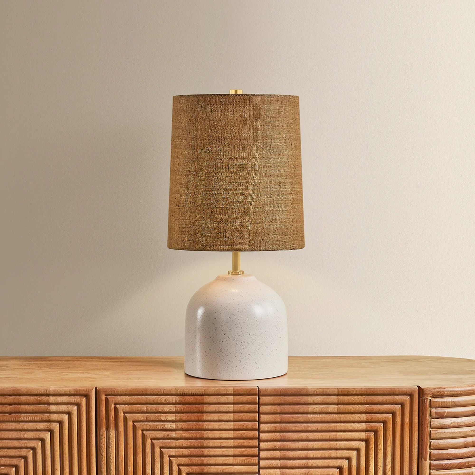 Mitzi Gladys 20 in. Table Lamp, Aged Brass with Ceramic Vanilla Bean & Handicraft Hemp Drum Shade