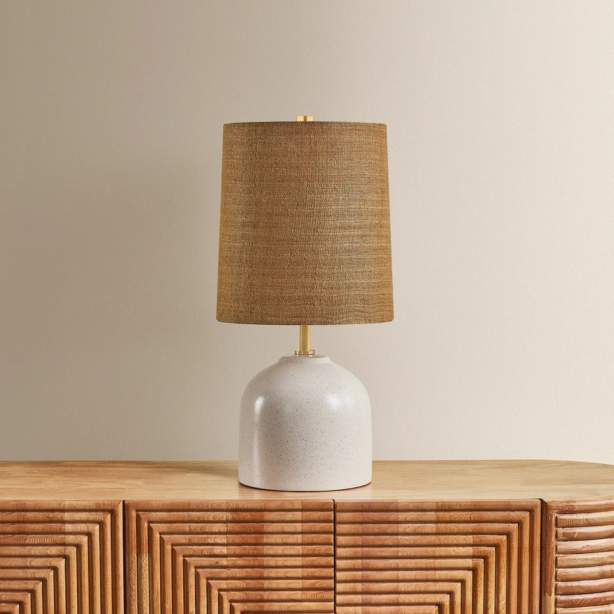 Mitzi Gladys 20 in. Table Lamp, Aged Brass with Ceramic Vanilla Bean & Handicraft Hemp Drum Shade