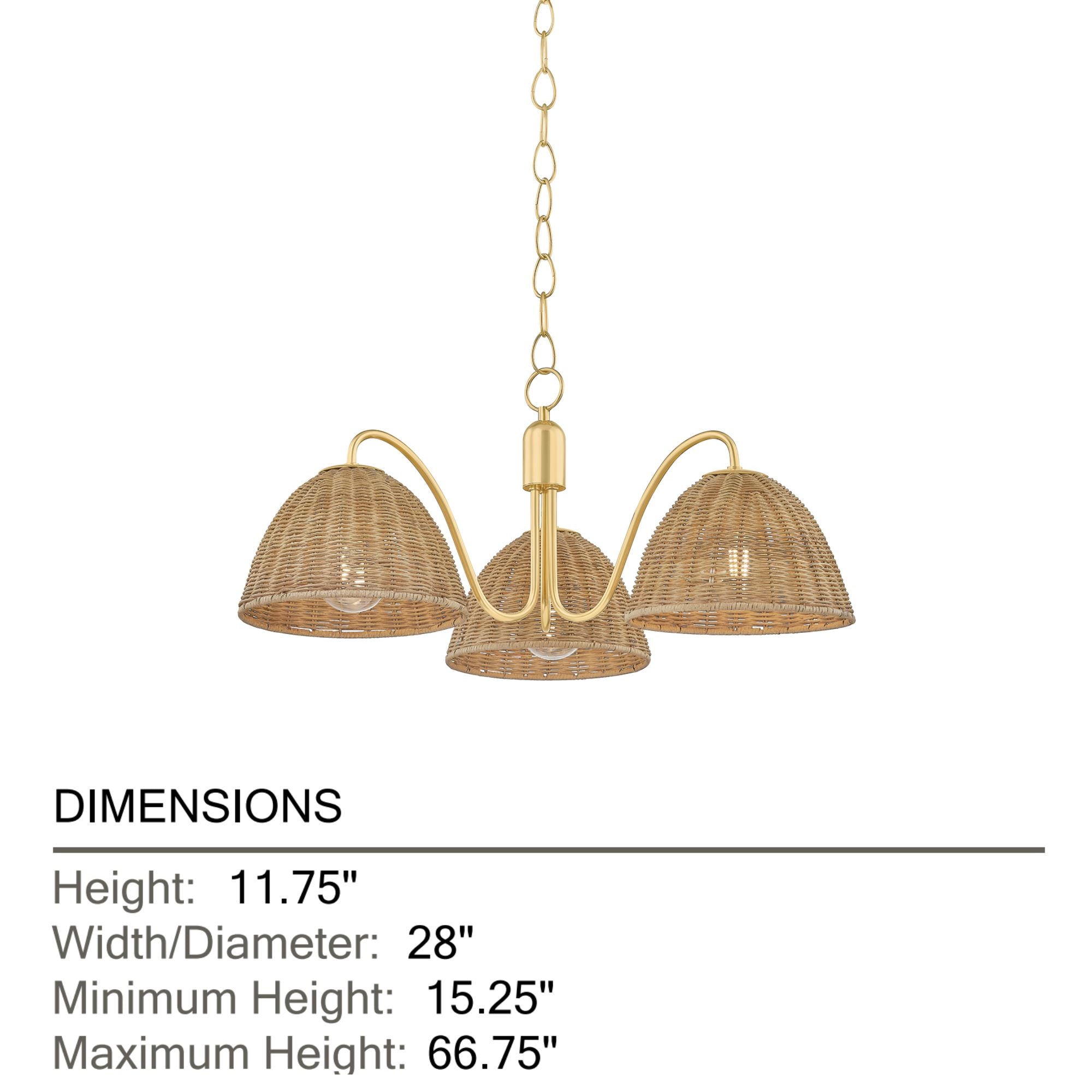 Katniss 28" 3-Light Chandelier, Aged Brass Finish