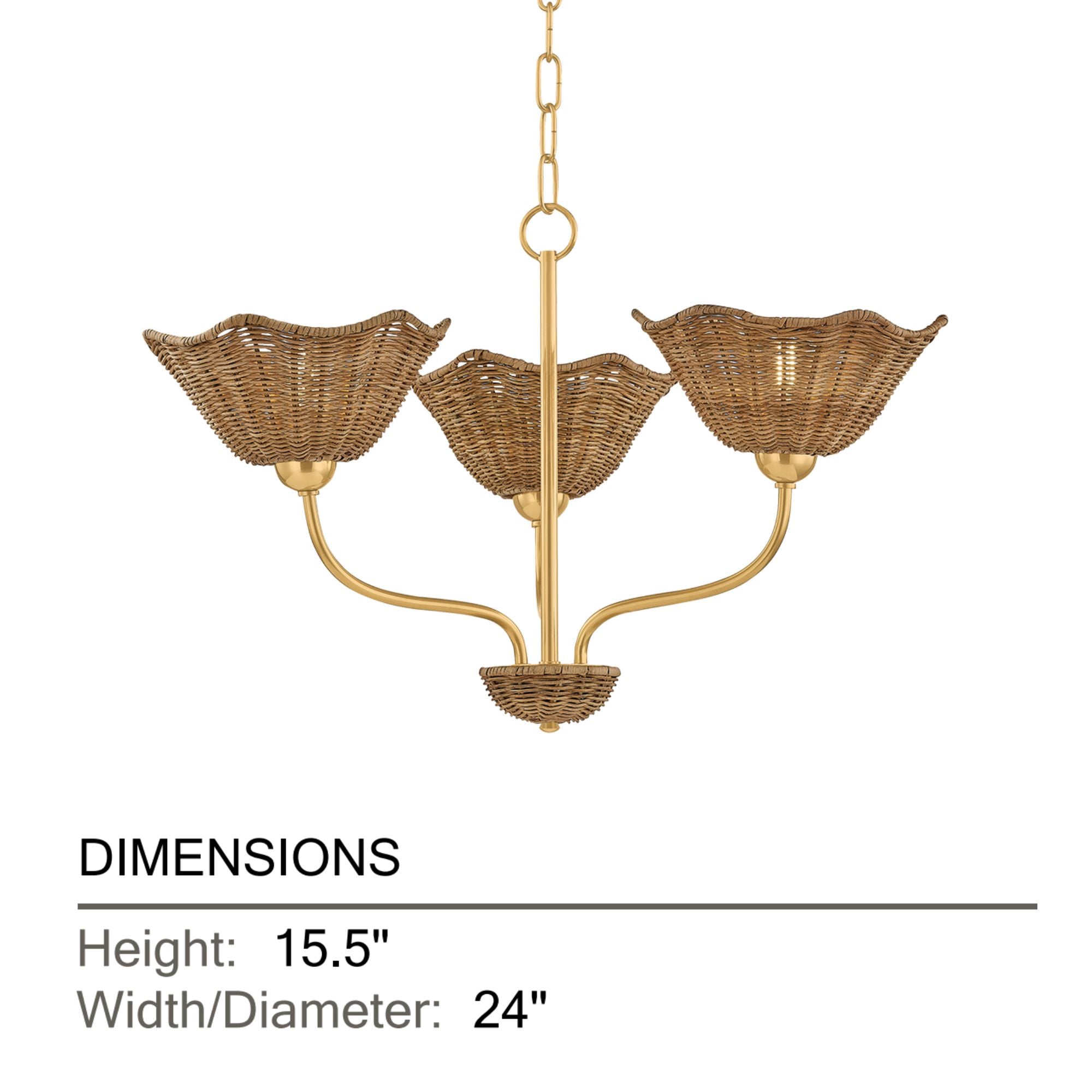 Mitzi Kehlani 24 in. 3-Light Chandelier, Aged Brass with Natural Woven Light Wicker Shades