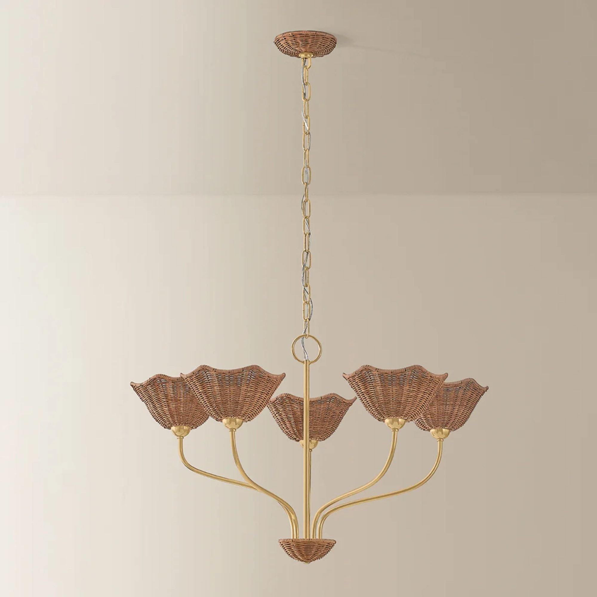 Mitzi Kehlani 32.5" 5-Light Chandelier, Aged Brass with Natural Woven Light Wicker Shades