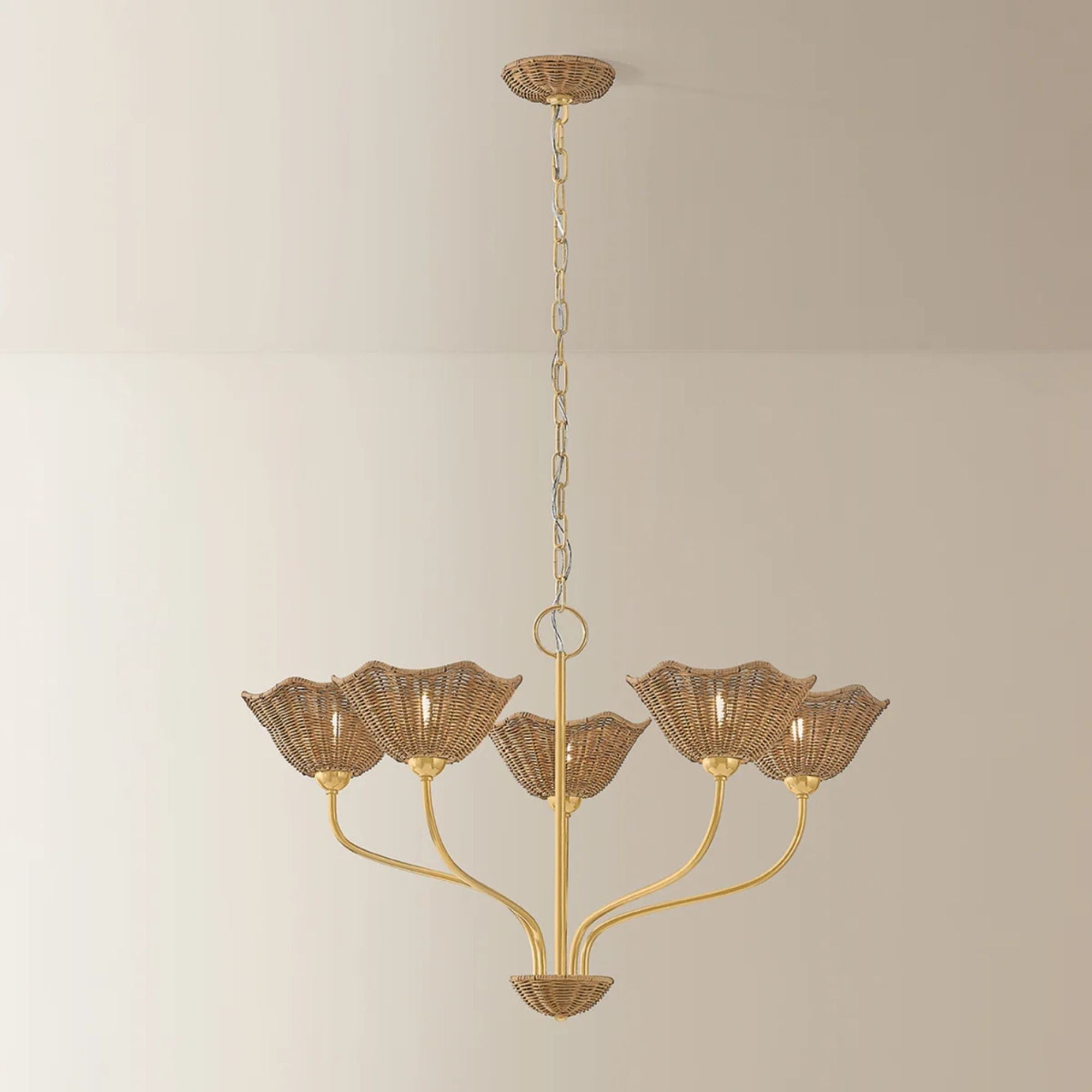 Mitzi Kehlani Chandelier, Aged Brass with Natural Woven Light Wicker Shades