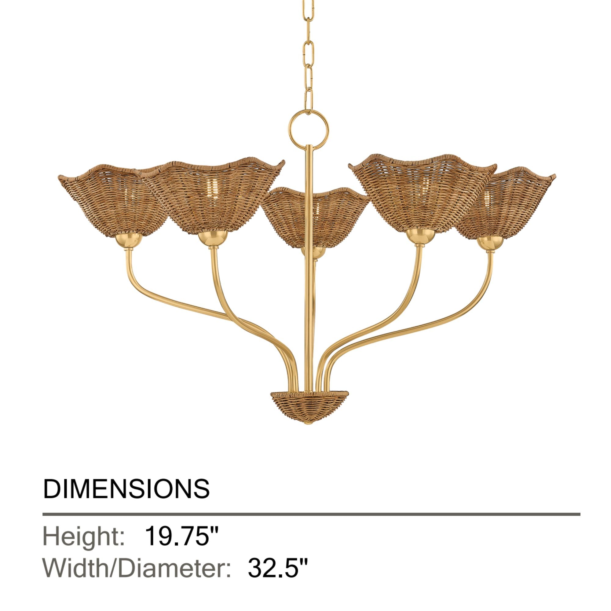 Mitzi Kehlani 32.5" 5-Light Chandelier, Aged Brass with Natural Woven Light Wicker Shades