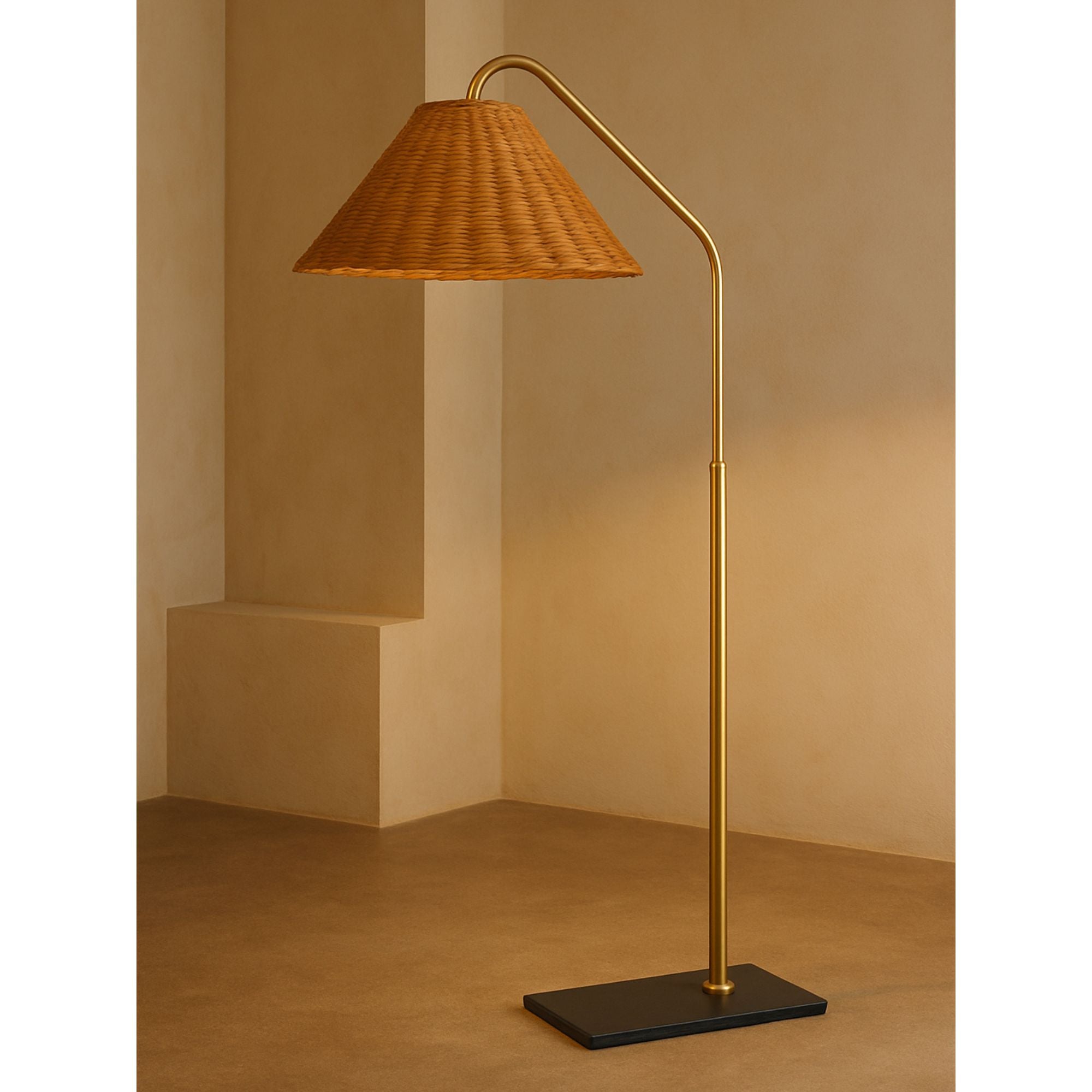 Lauren Floor Lamp Textured Black Combo & Aged Brass with Rattan Finish