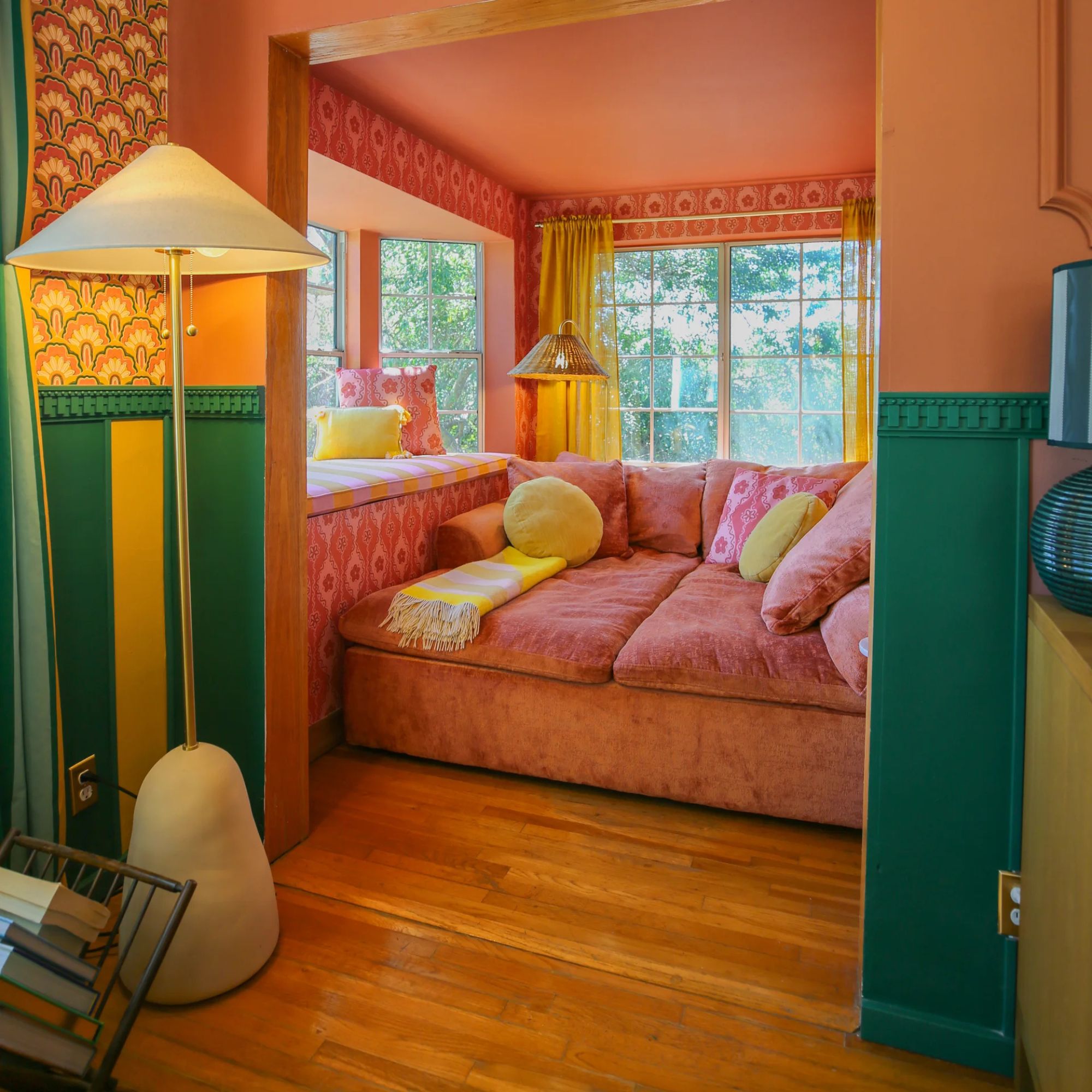 Lauren Floor Lamp Textured Black Combo & Aged Brass with Rattan Finish