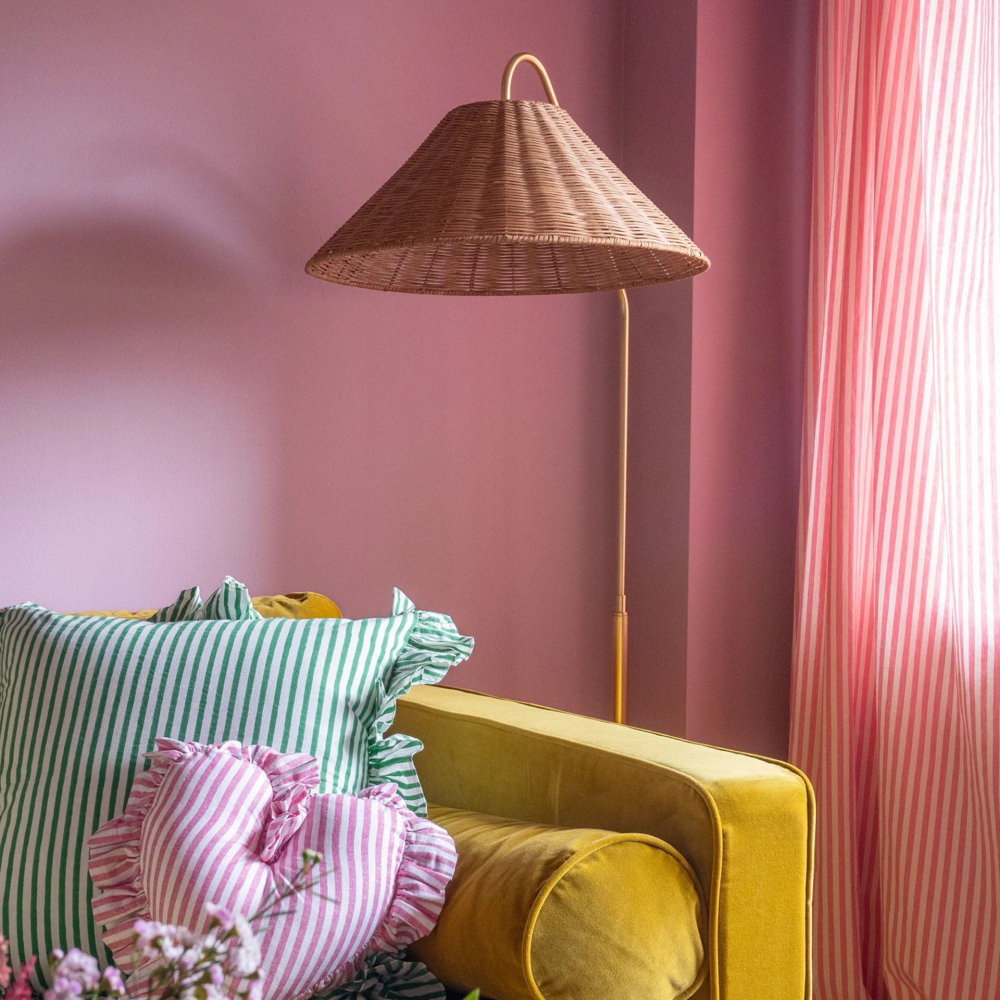 Lauren Floor Lamp Textured Black Combo & Aged Brass with Rattan Finish