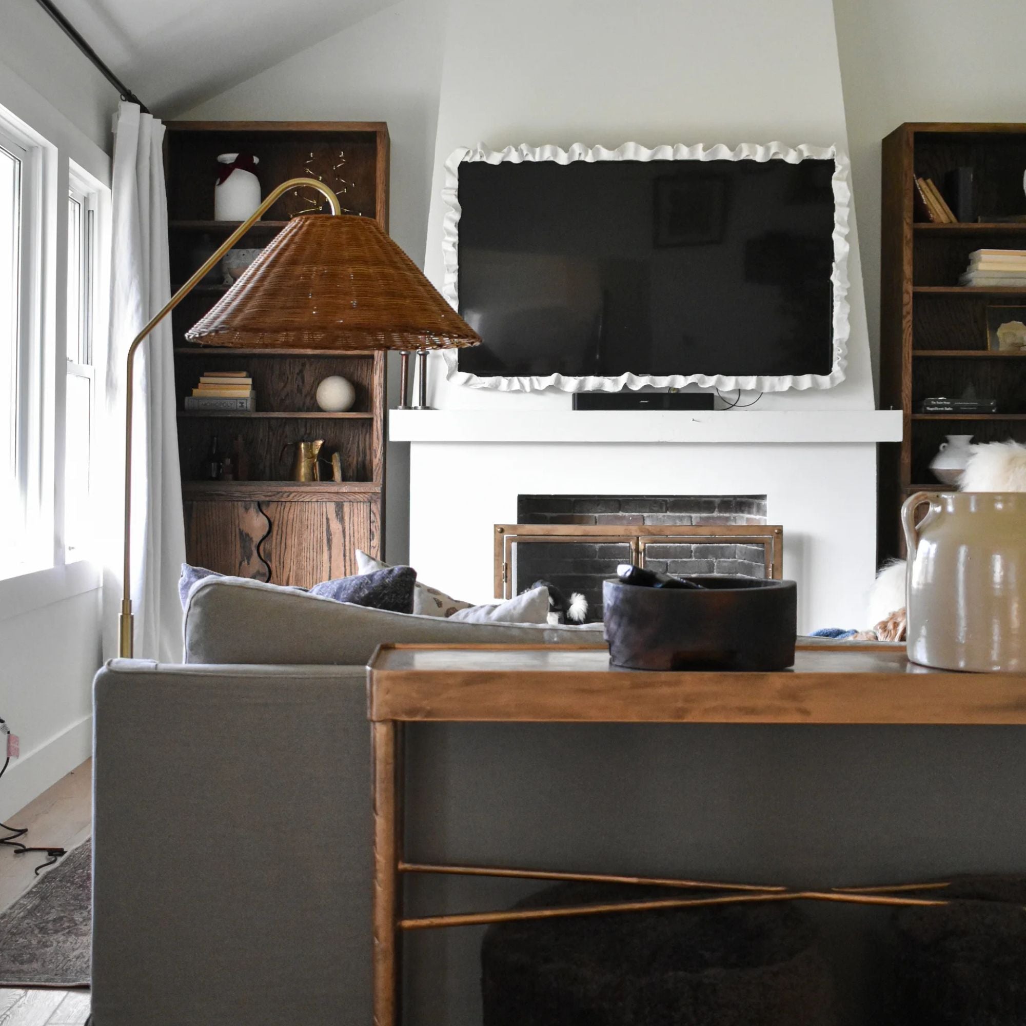 Lauren Floor Lamp Textured Black Combo & Aged Brass with Rattan Finish