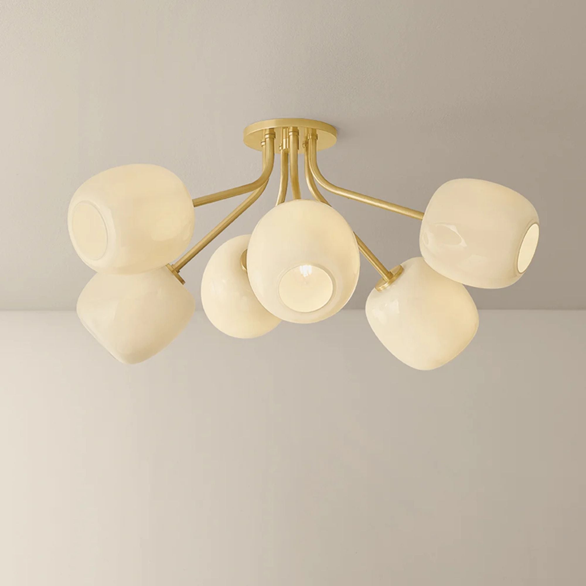 Mitzi Lisette 29.25 in. 6-Light Semi-Flush Mount, Aged Brass with Cream Opal Glass