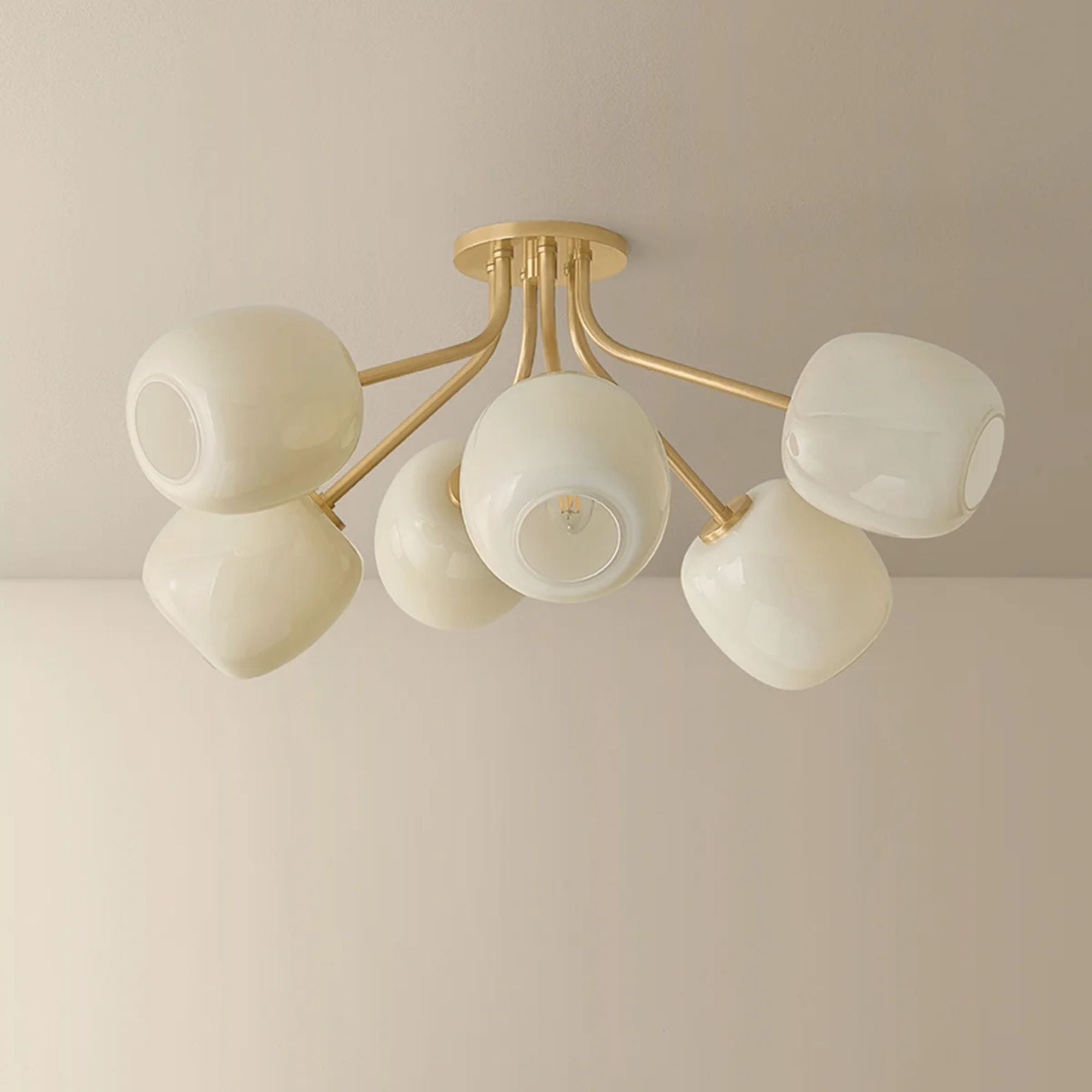 Mitzi Lisette 29.25 in. 6-Light Semi-Flush Mount, Aged Brass with Cream Opal Glass
