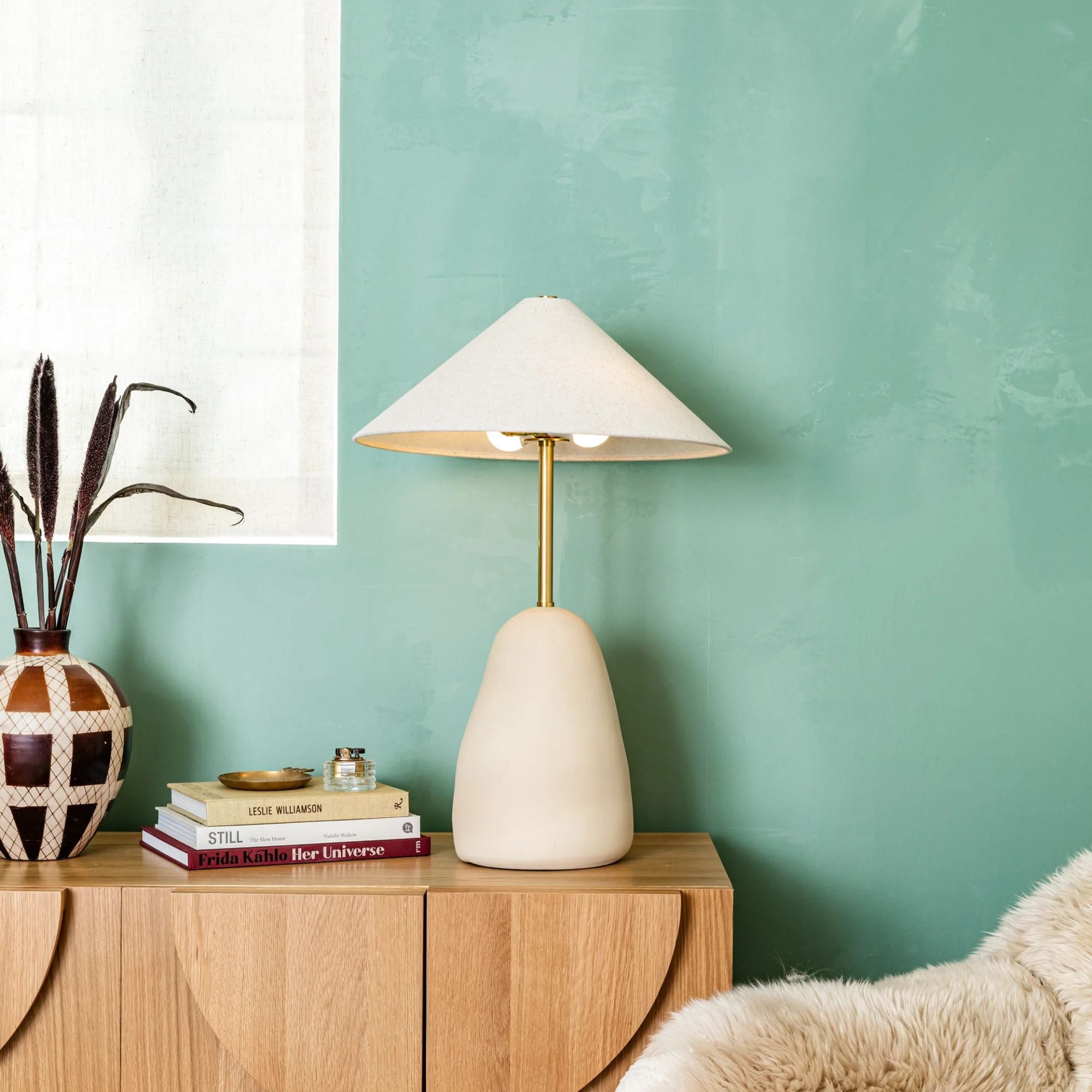 Maia 2-Light Table Lamp Ceramic Textured Beige & Aged Brass Accents